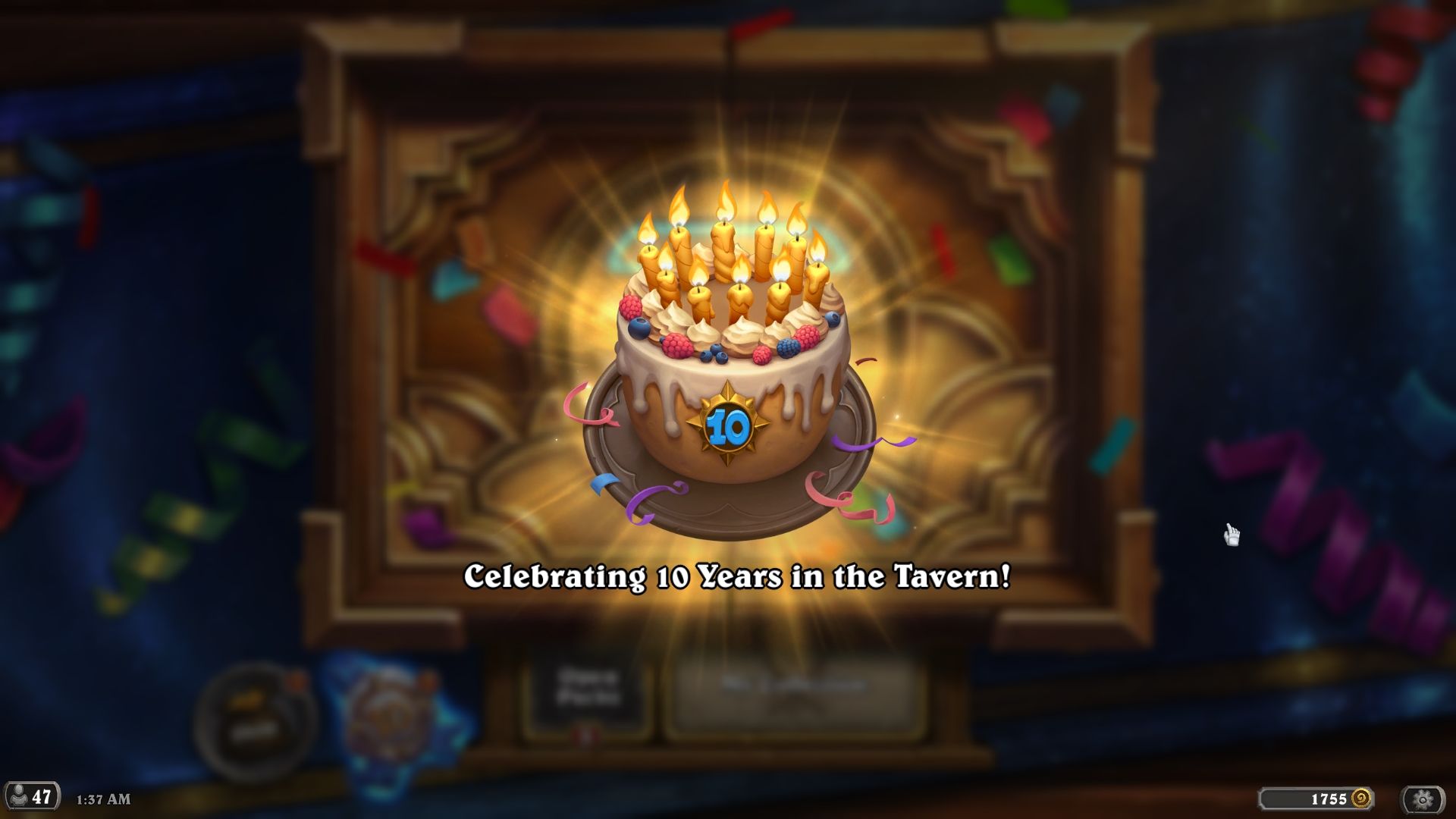 La pantalla de inicio de sesión de Hearthstone con un ícono de pastel que los jugadores ven para obtener Fiery Hearthsteed en World of Warcraft.