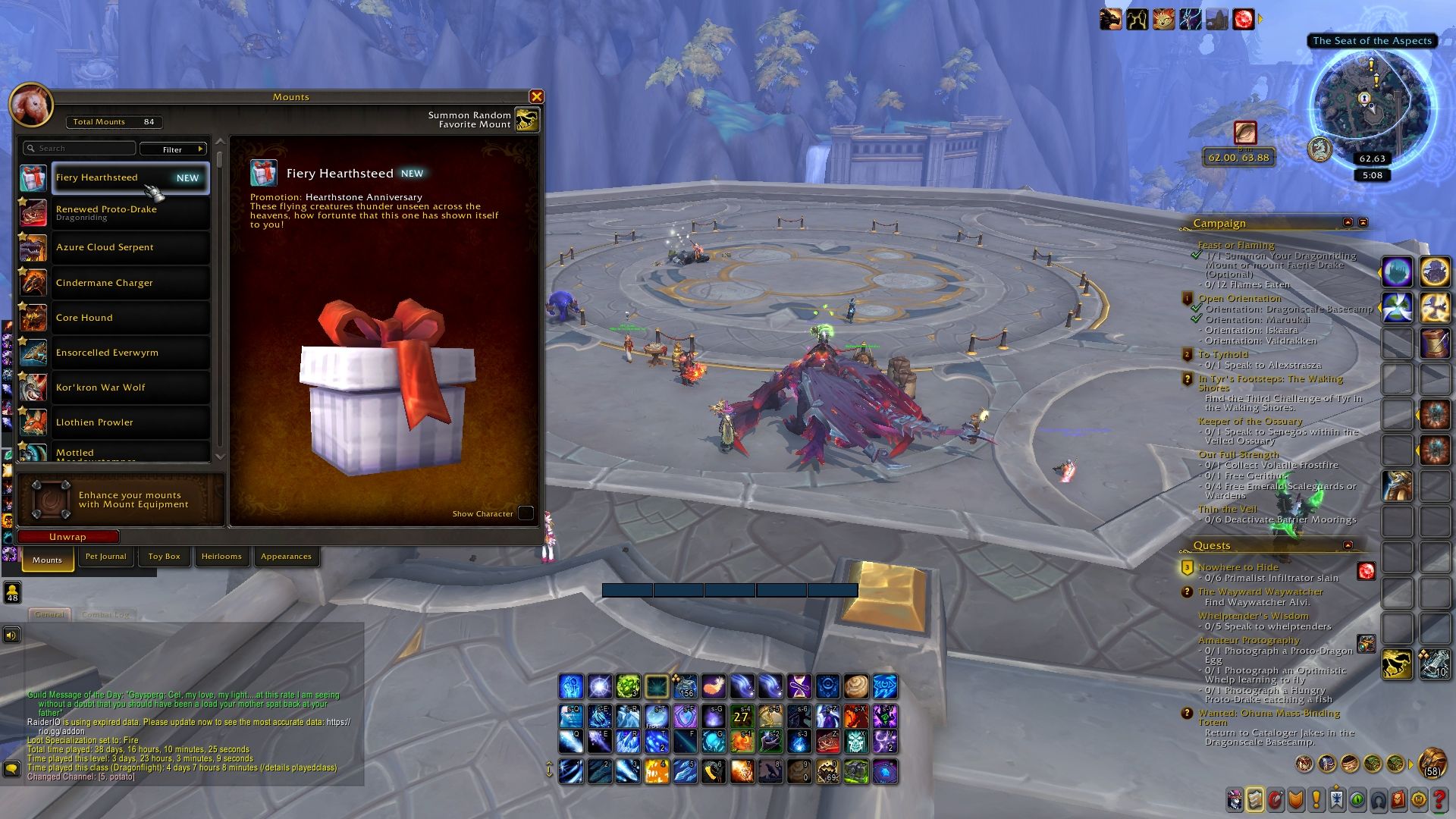 Desbloqueando la ardiente montura Hearthsteed del presente en World of Warcraft.
