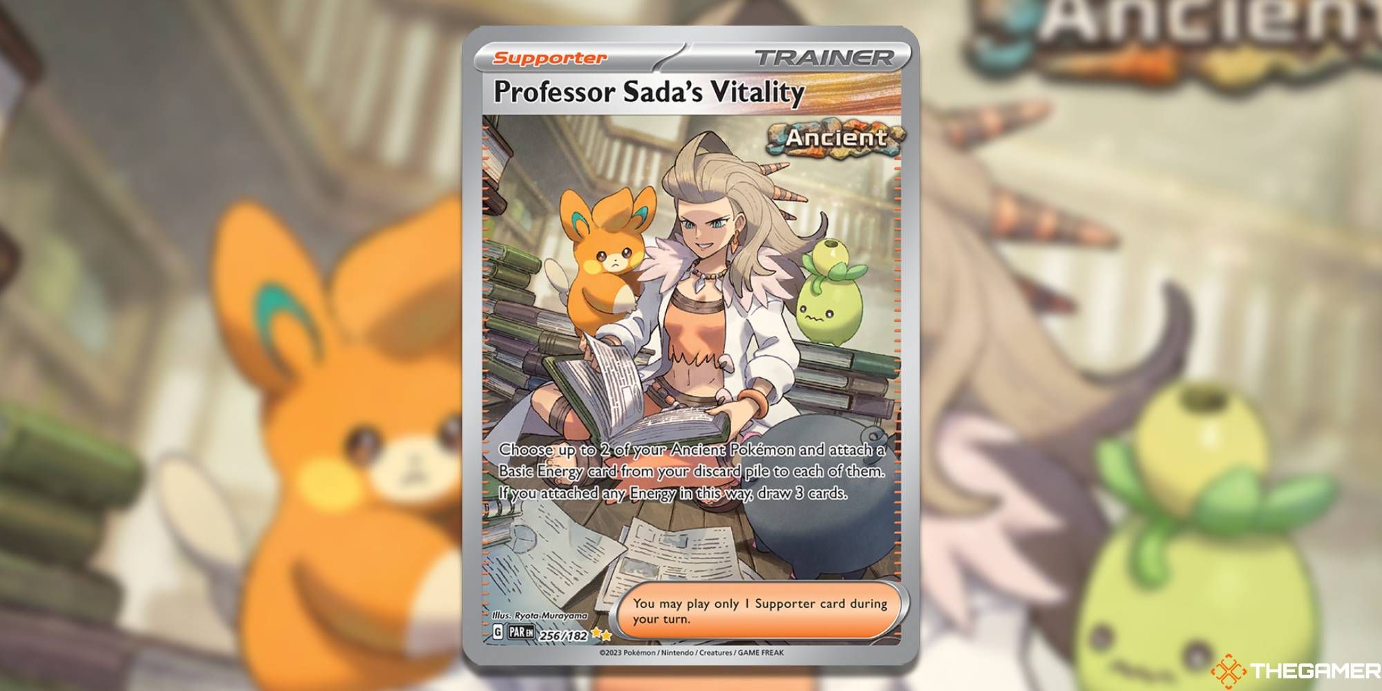 Imagen de la carta Vitalidad del Profesor Sada en Pokémon TCG, con arte de Ryota Murayama