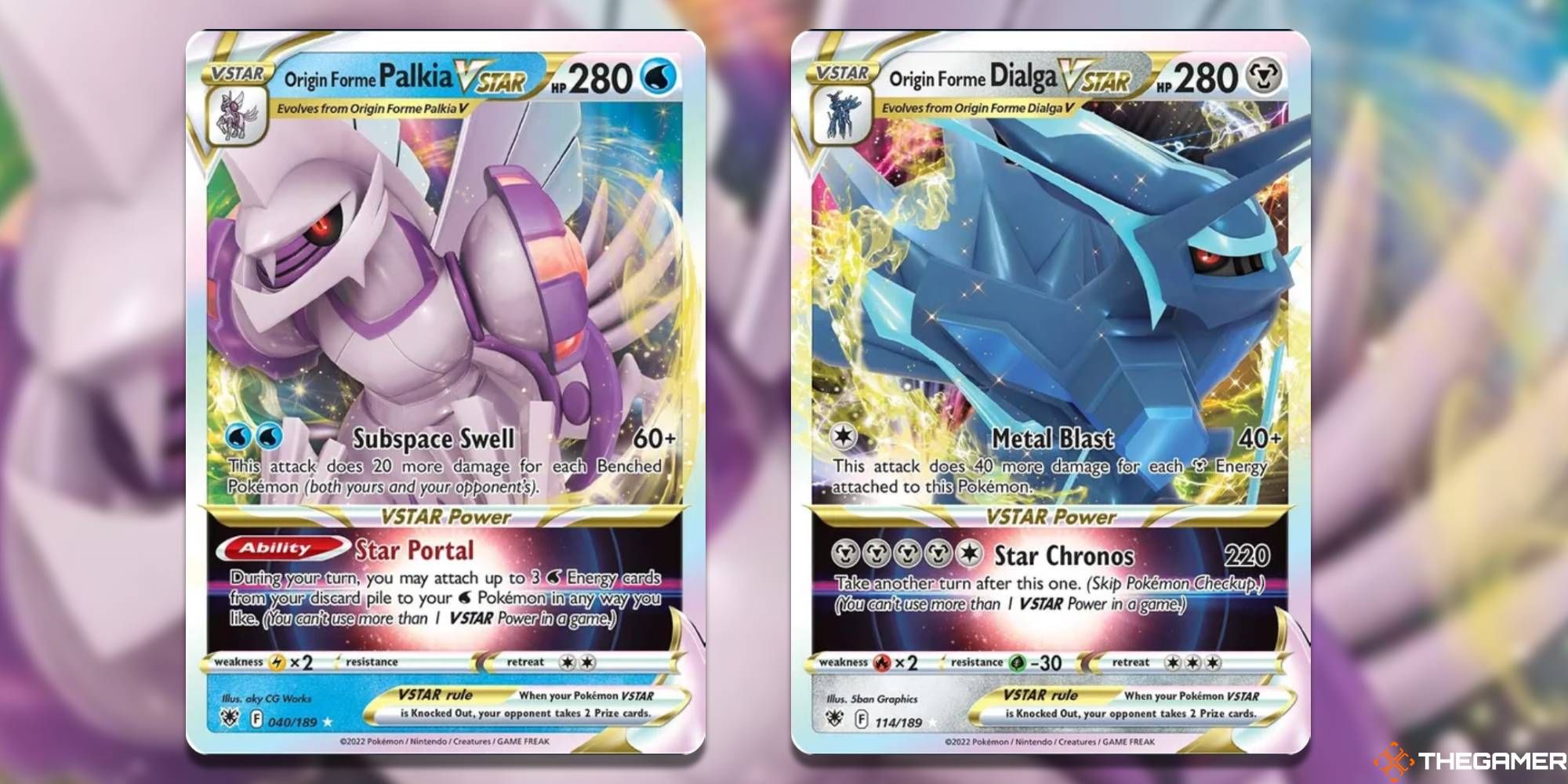 Origin Forme Palkia y Dialga VSTAR de Pokémon TCG con fondo borroso