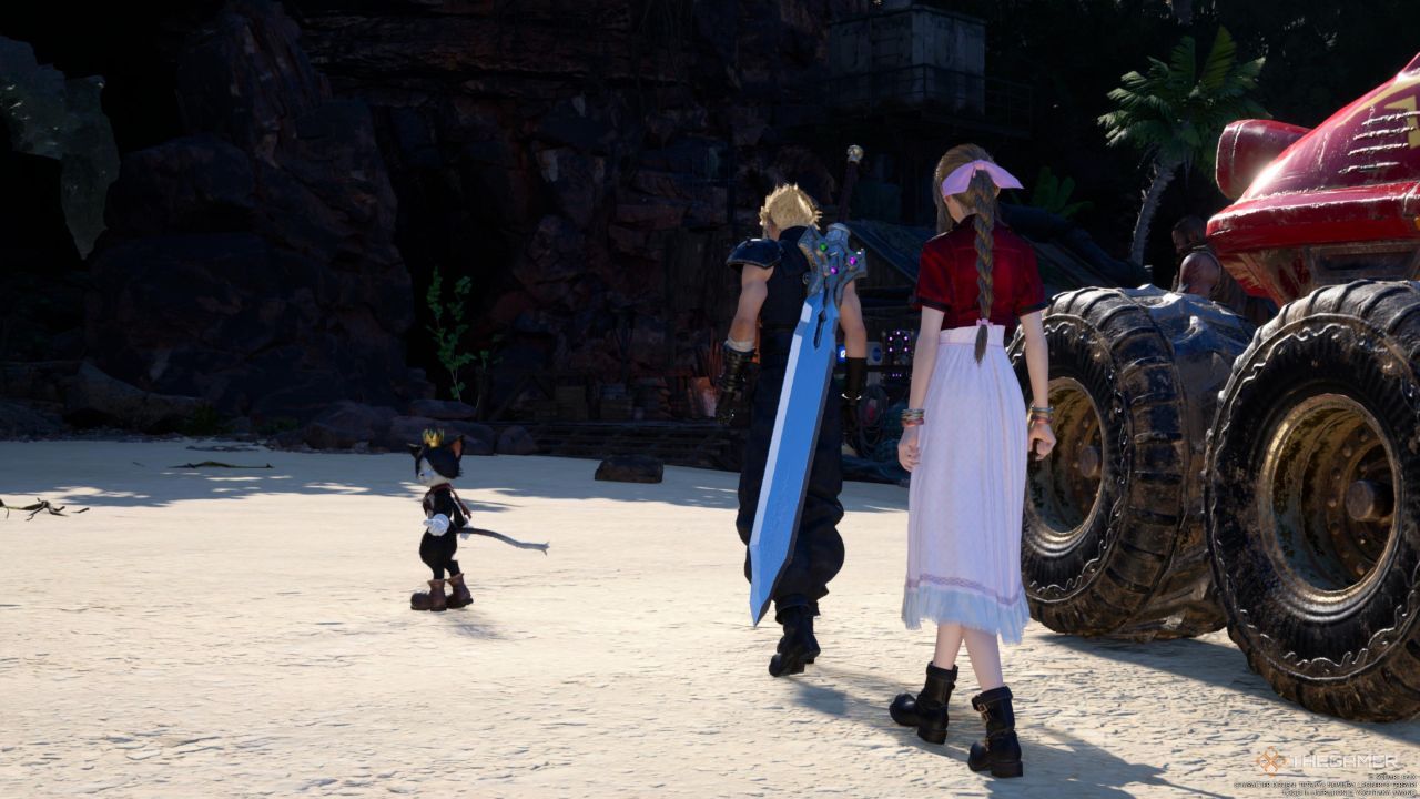 Cait Sith, Cloud y Aerith caminando por la playa de la región de Gongaga en Final Fantasy 7 Rebirth.