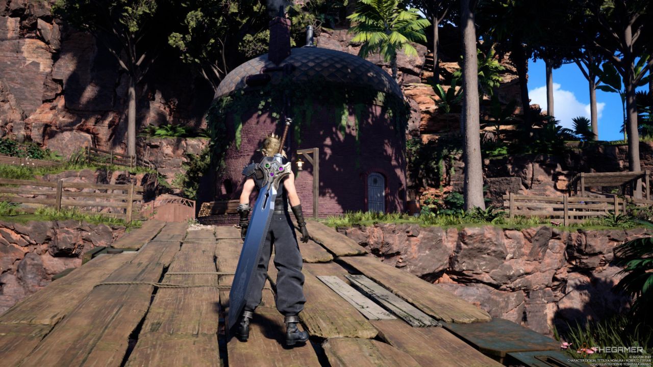 Un jugador parado frente a la casa a la que entra Aerith en la aldea de Gongaga en Final Fantasy 7 Rebirth.
