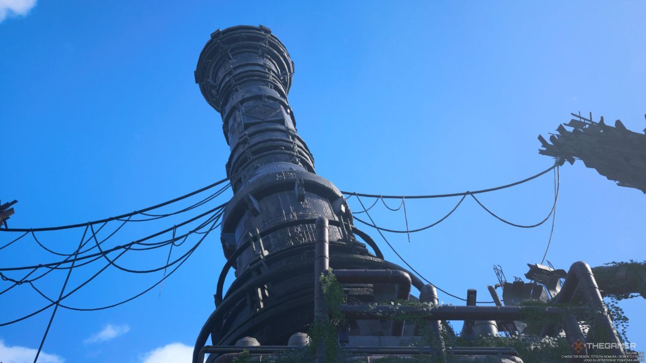 El reactor Gongaga Mako averiado cubierto de vida vegetal en Final Fantasy 7 Rebirth.