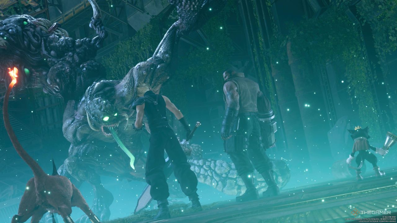 El jefe H1024, bloqueando el progreso del grupo hacia el reactor Gongaga en Final Fantasy 7 Rebirth.