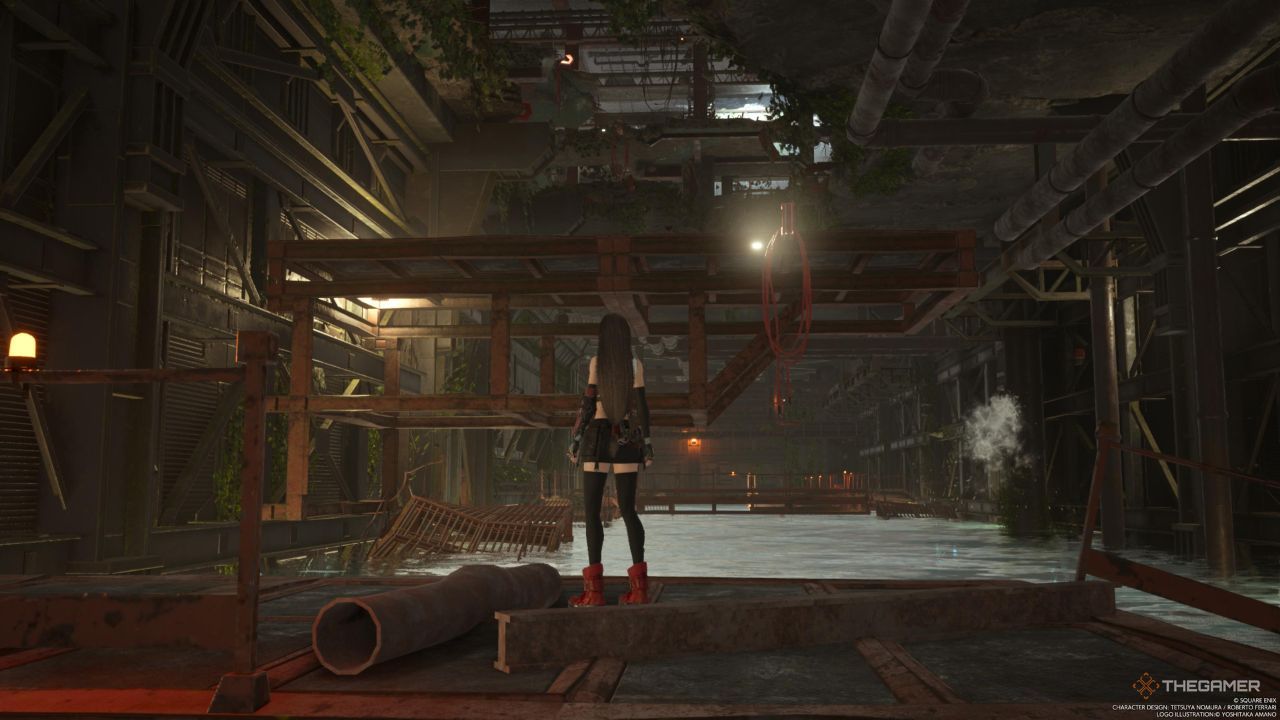 Un jugador parado frente a una ubicación a la que Tifa puede luchar en Final Fantasy 7 Rebirth.