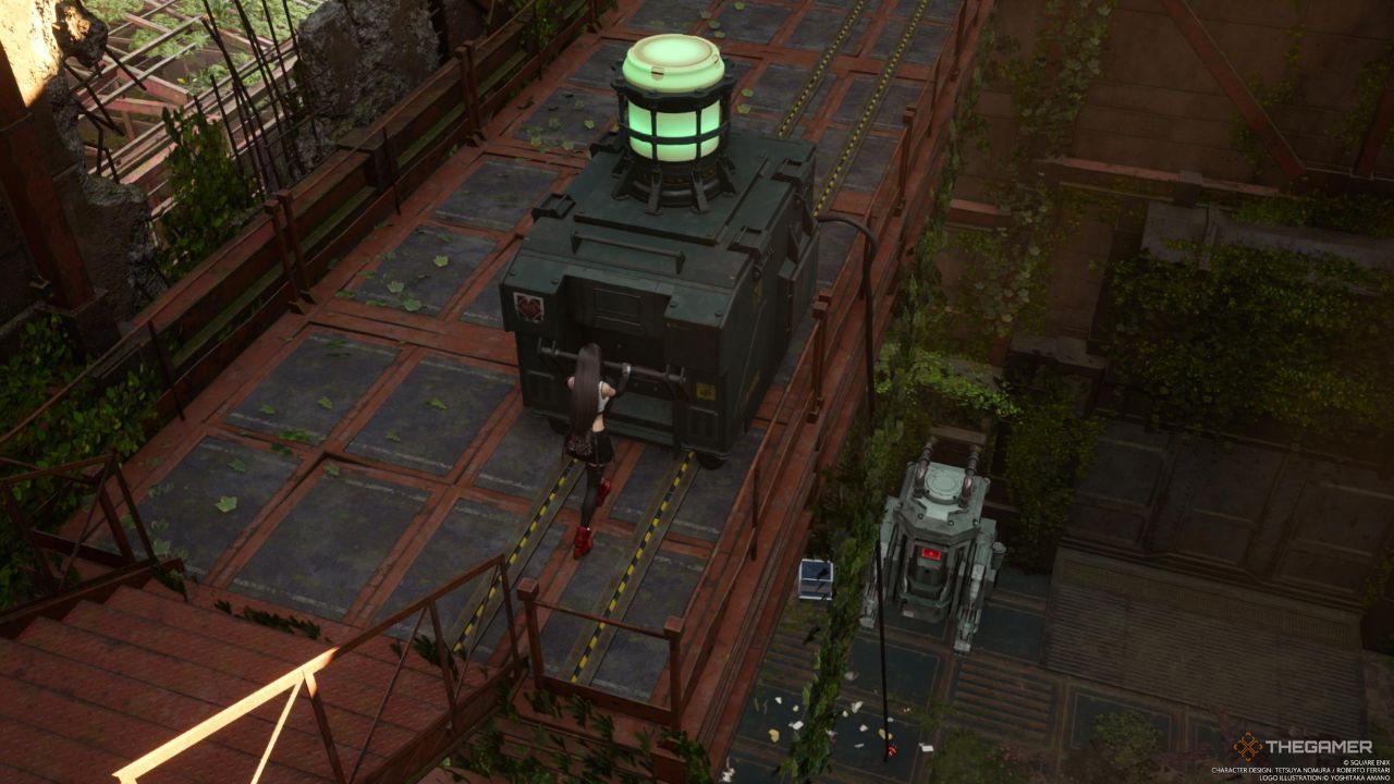 Un jugador mueve un carro conectado a un enchufe en Final Fantasy 7 Rebirth.