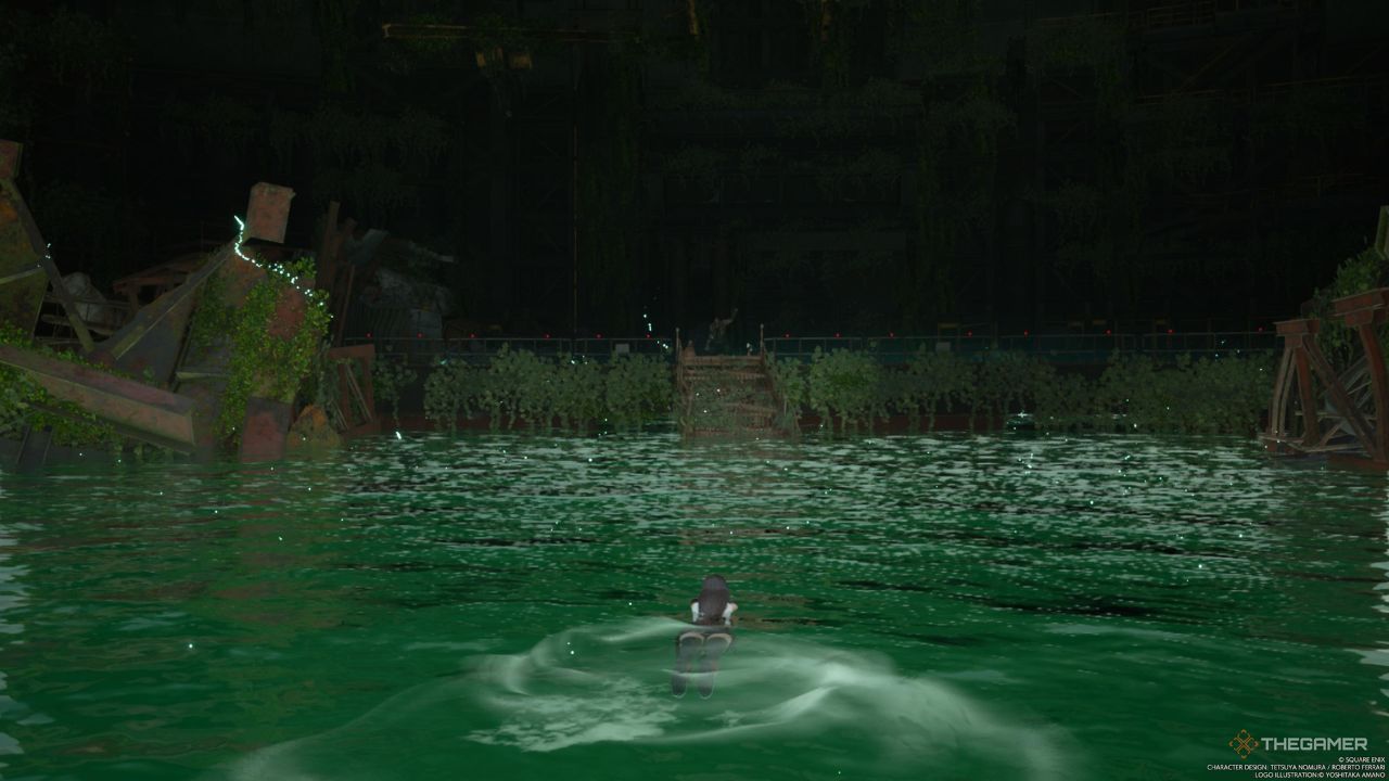 Tifa nadando en una piscina gigante de Mako en Final Fantasy 7 Rebirth.