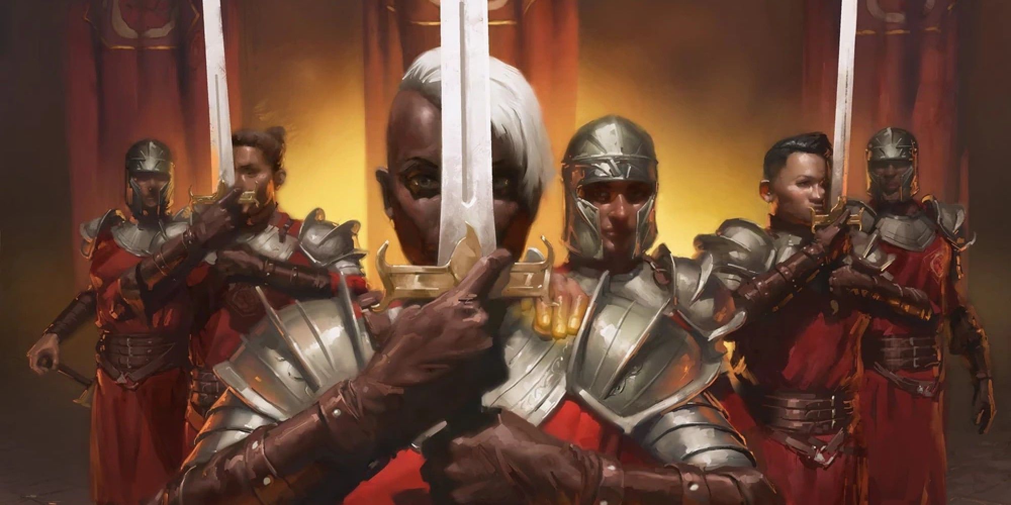 Imagen de Dungeons & Dragons que muestra a los mercenarios de Flaming Fist prometiendo lealtad