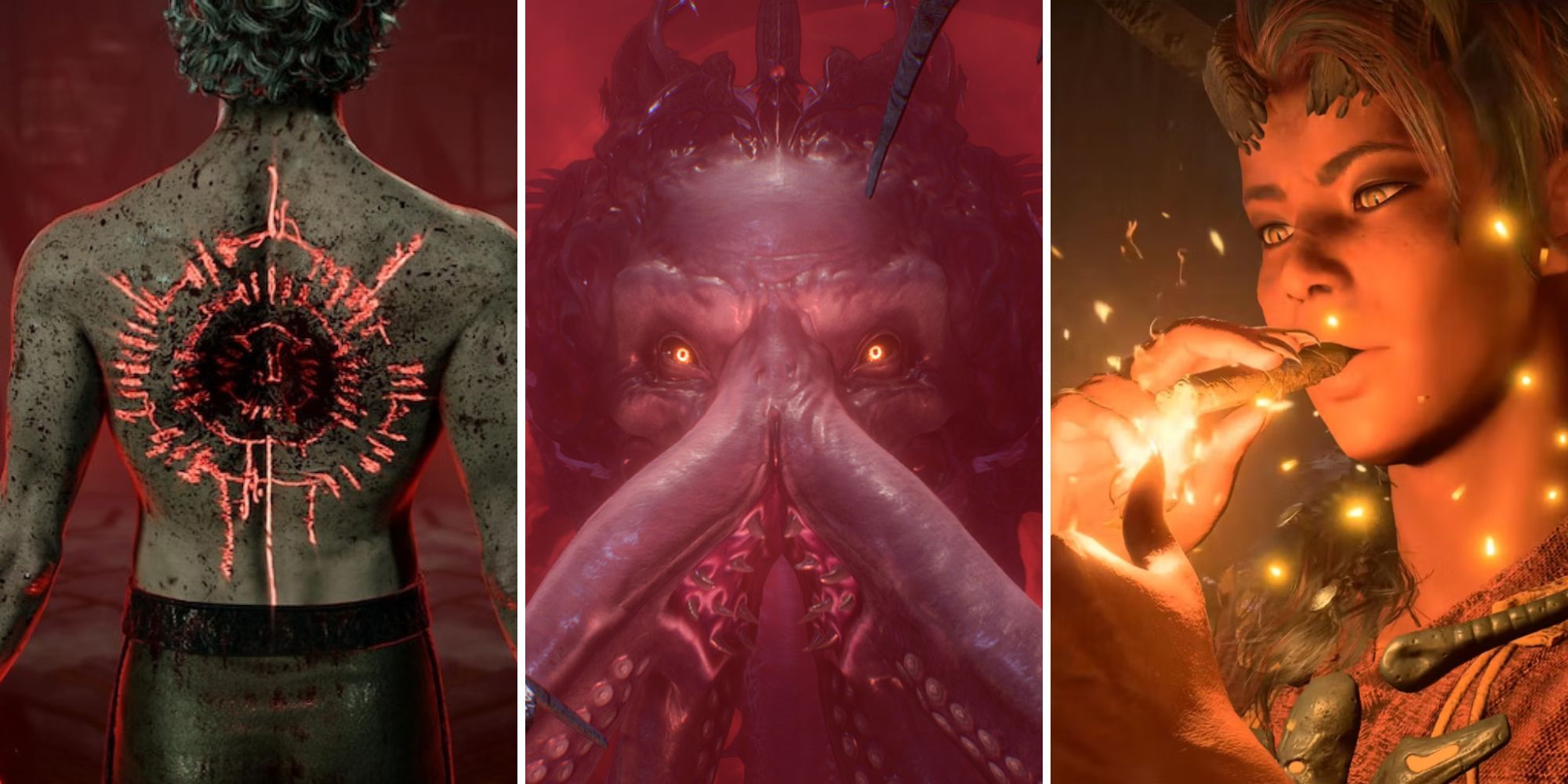 imagen dividida que muestra a Karlach, el cerebro inferior y astarion en Baldur's Gate 3