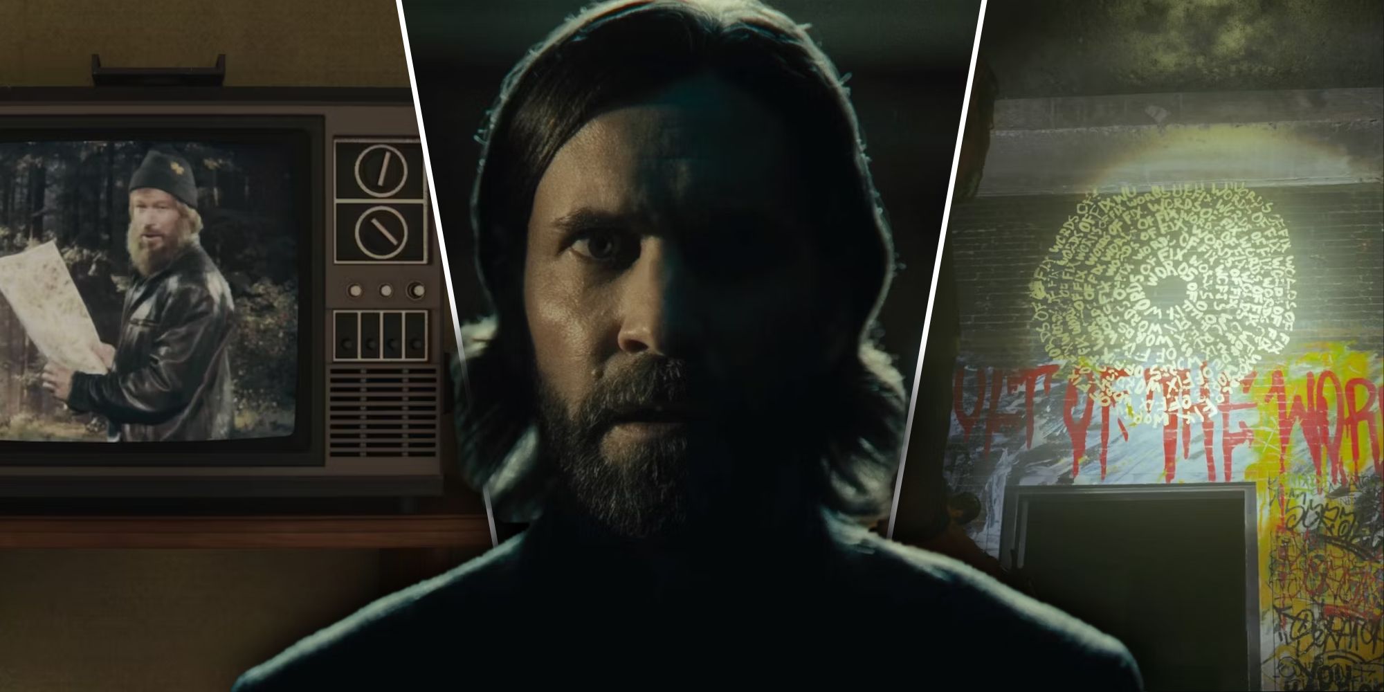 Alan Wake frente a un escenario de escritura críptica y un anuncio de televisión de Alan Wake 2