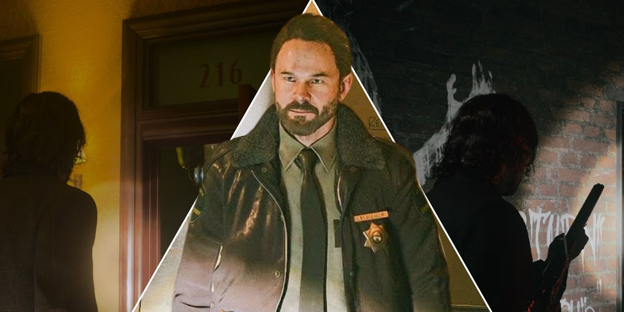 Imagen dividida de Alan Wake en los pasillos y Sheriff Breaker