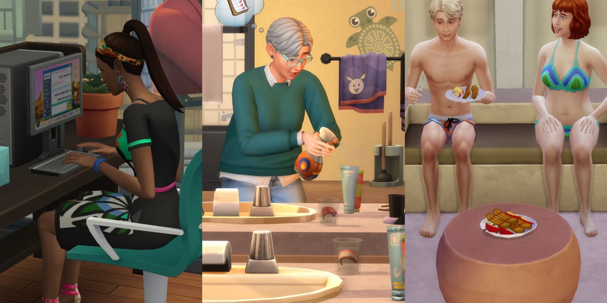 Imágenes divididas de un Sim frente a una computadora, un Sim limpiando y Sims comiendo en Los Sims 4