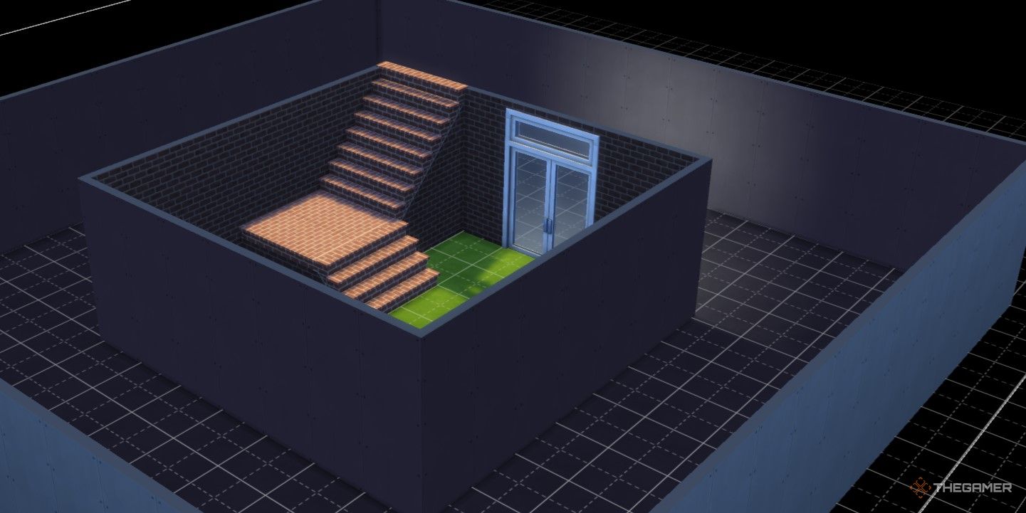Un sótano en Los Sims 4 con una pequeña sección recortada para usar como espacio al aire libre.