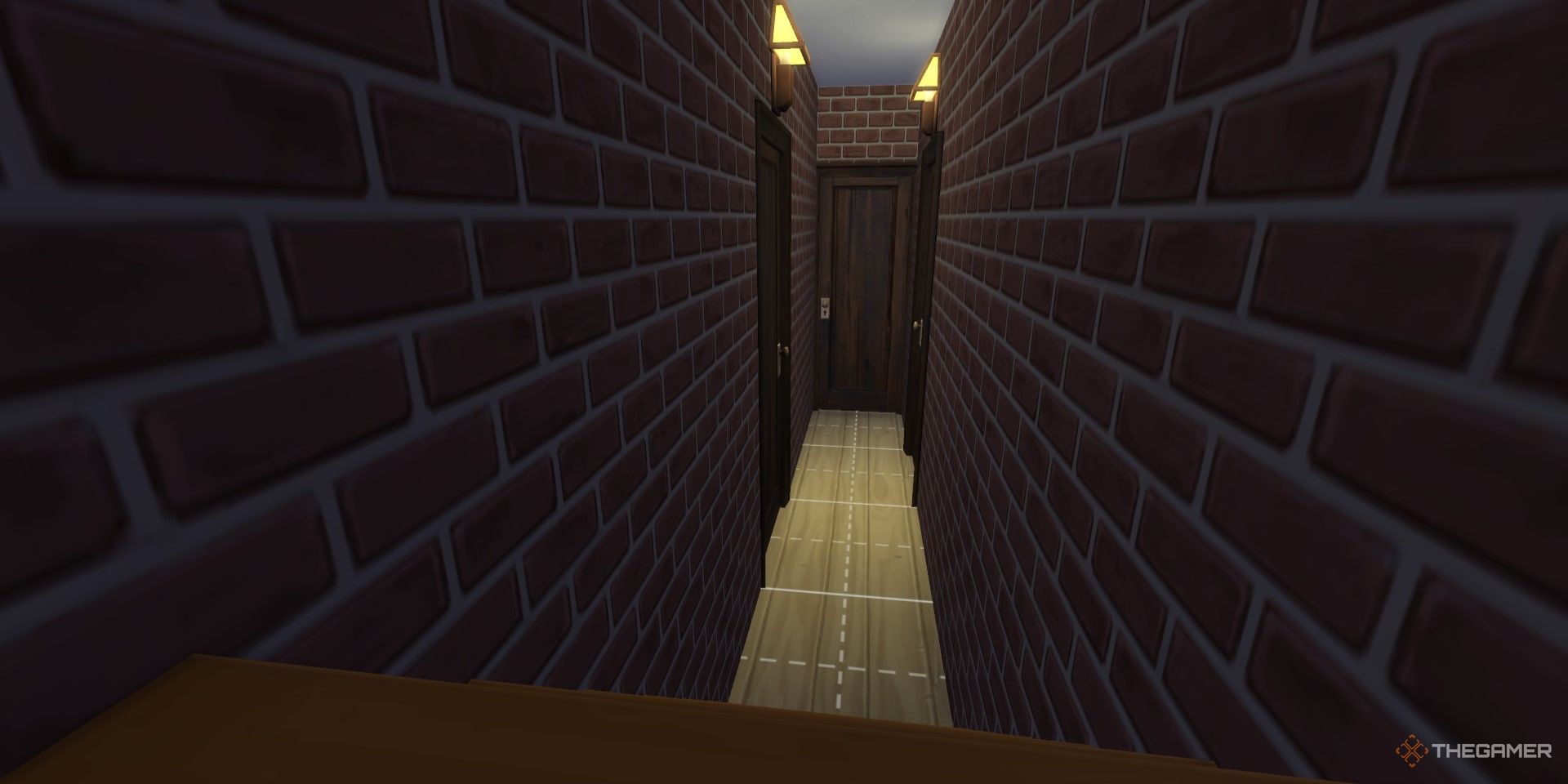 Los Sims 4, pasillo de abajo en un sótano de ladrillo con poca luz.
