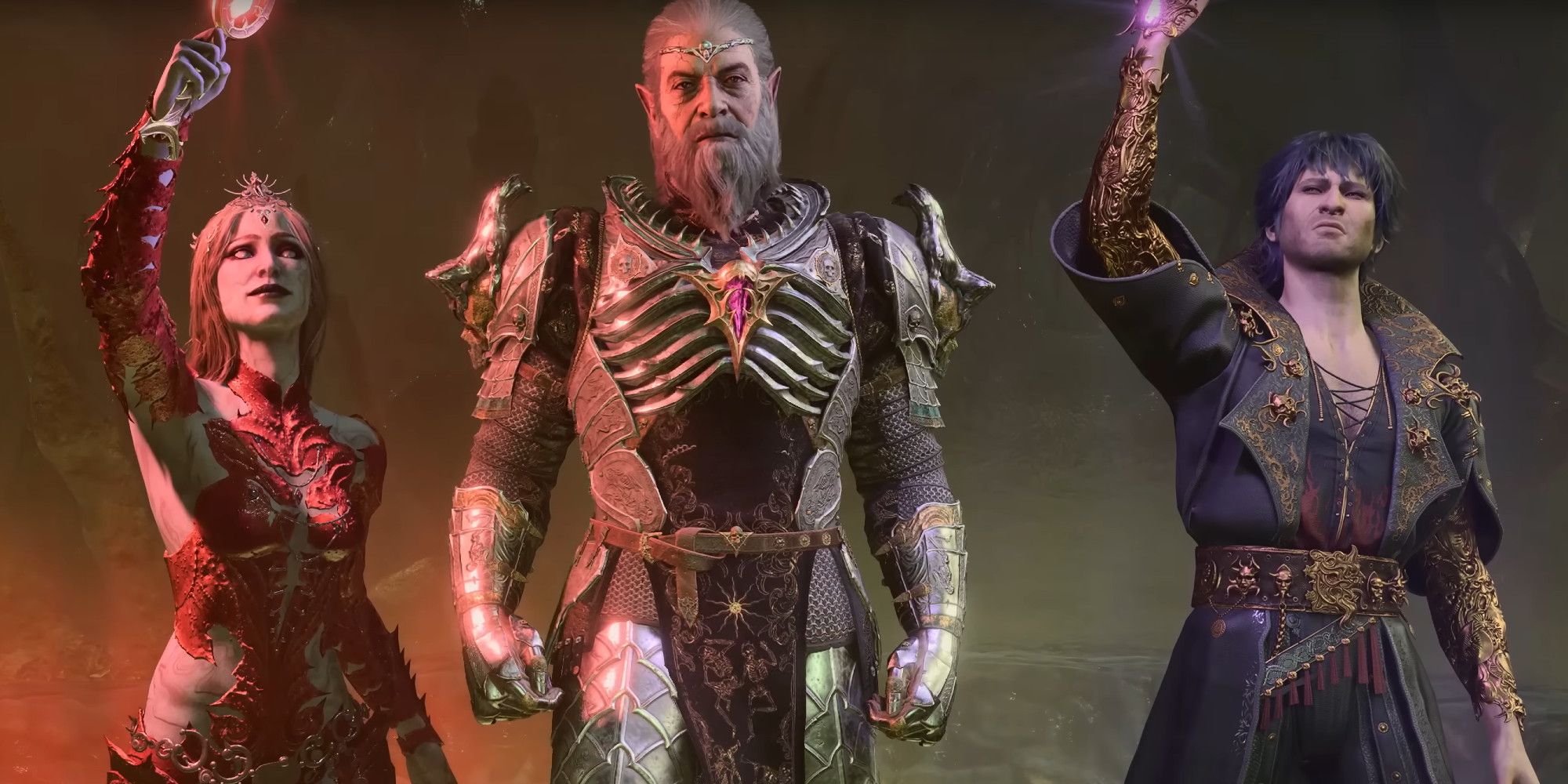 Orin el Rojo y Gortash sosteniendo espadas con Ketheric Thorm parado en el medio.