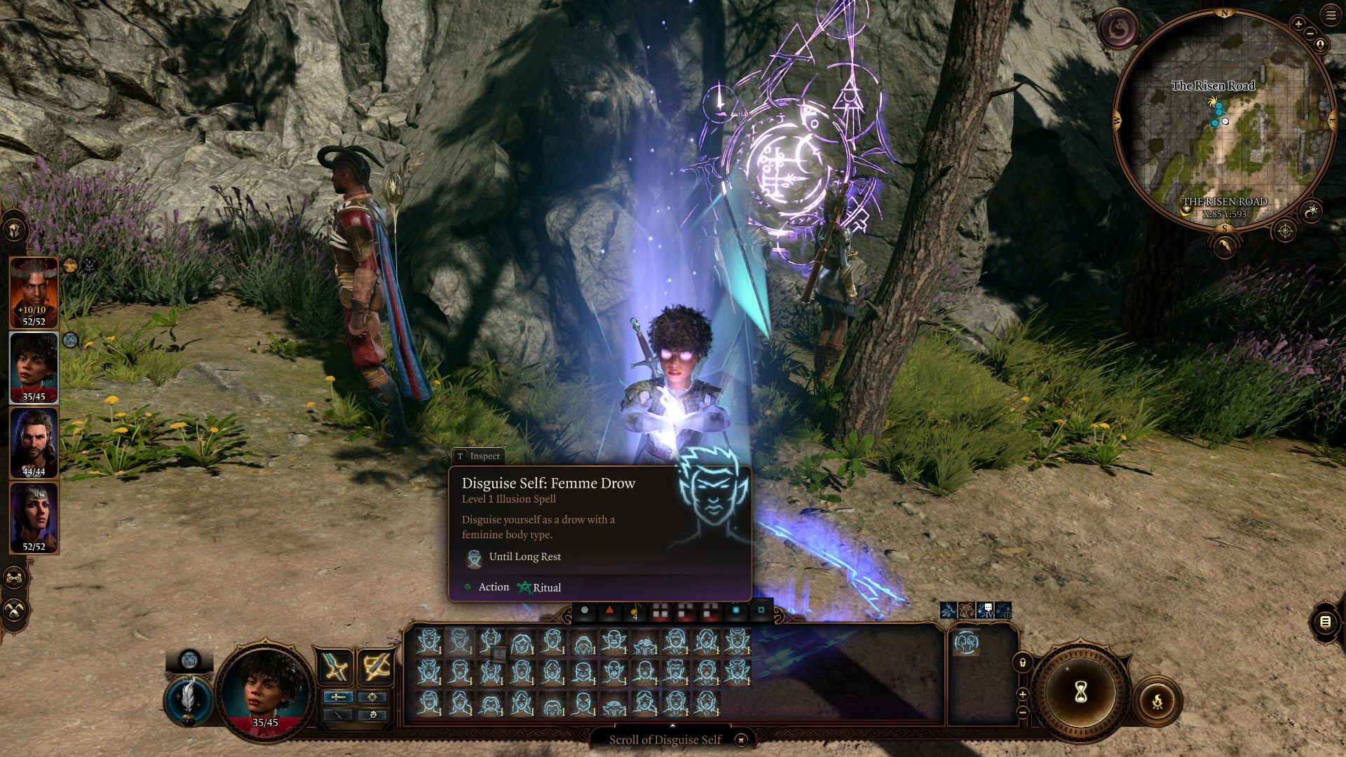 Baldur's Gate 3 Halfling usando disfraz de mujer drow
