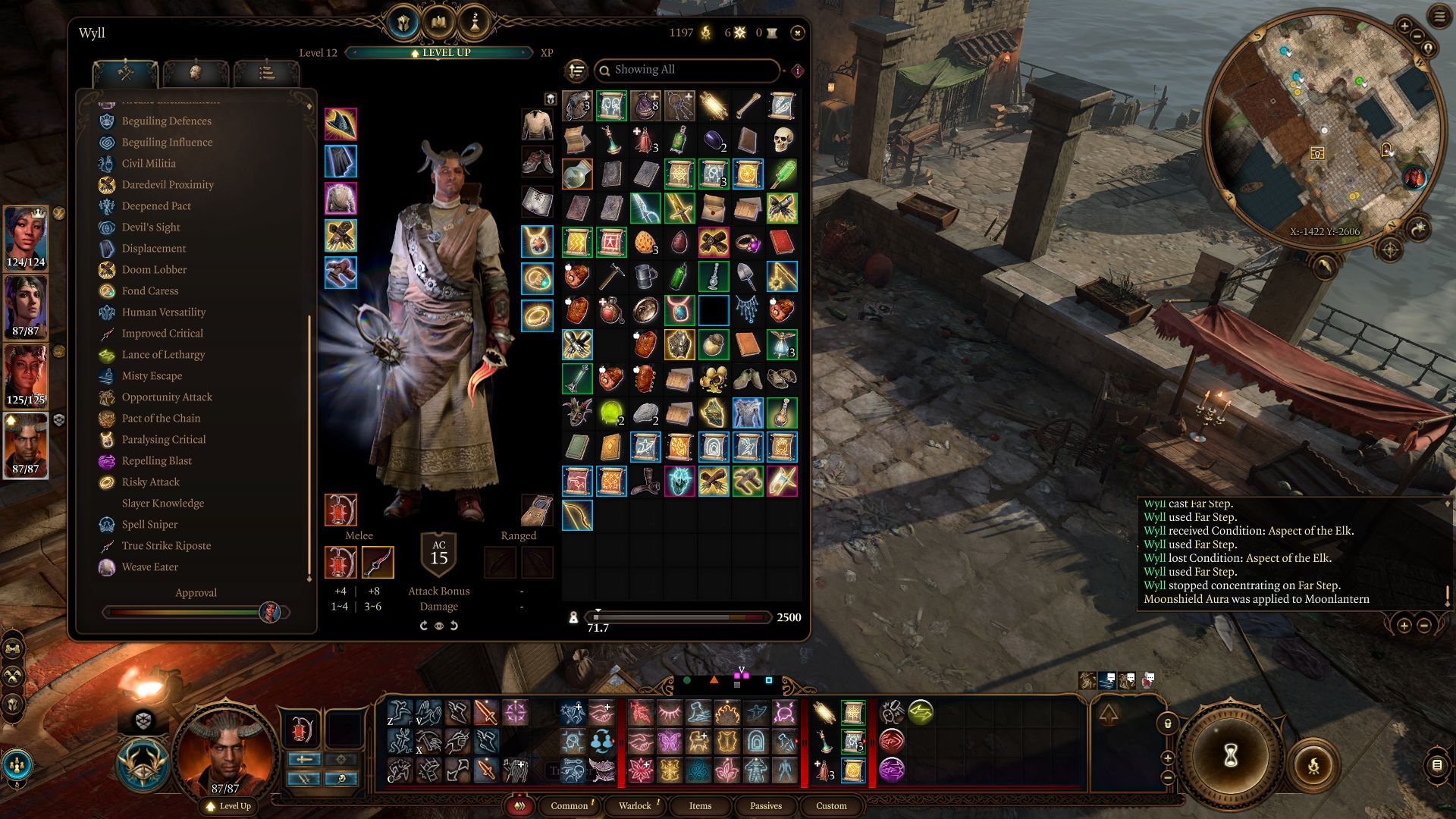 Wyll como un brujo feérico en Baldur's Gate 3, mostrando su inventario y los elementos equipados.