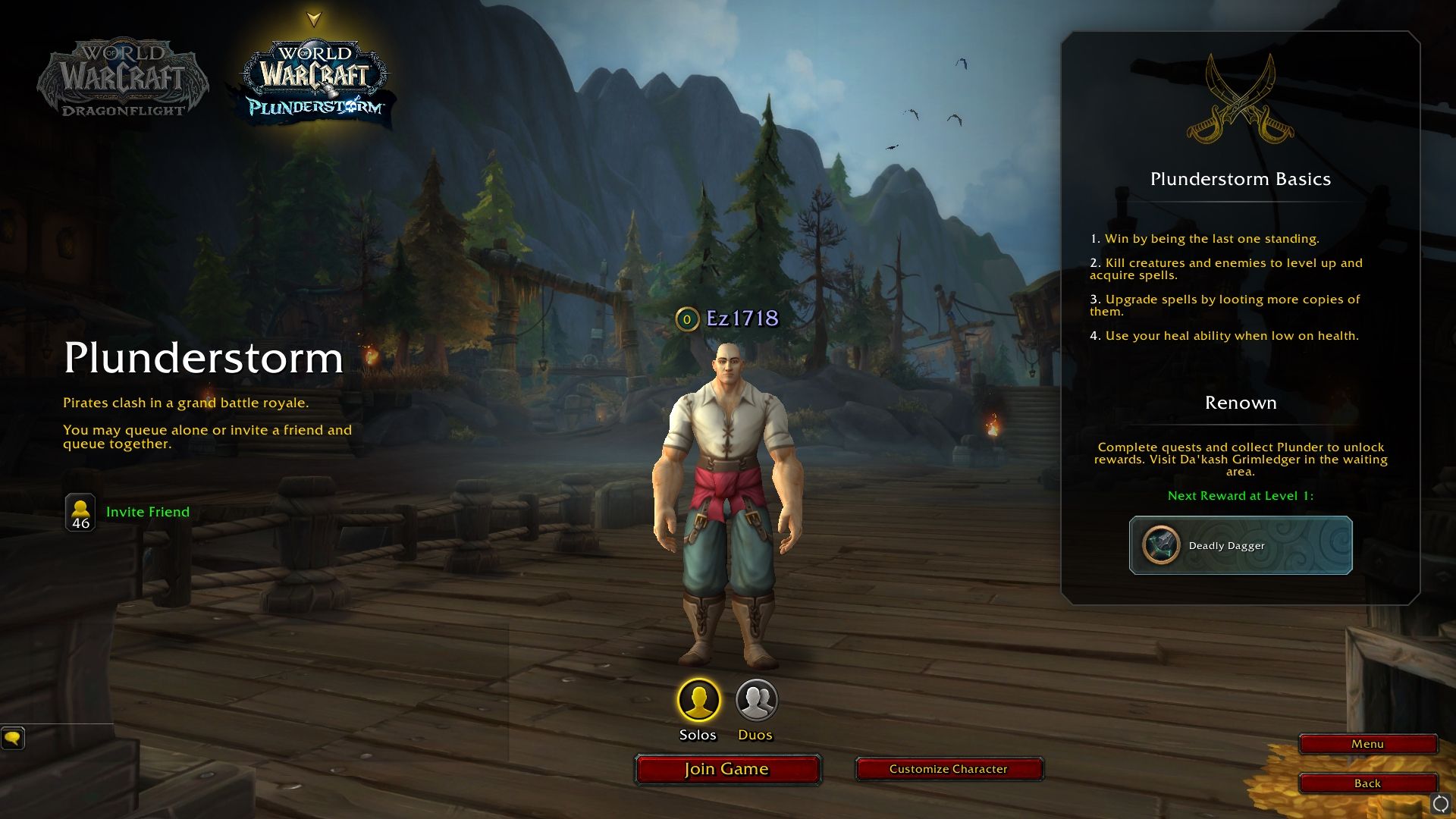 Pantalla del menú principal de World of Warcraft Plunderstorm