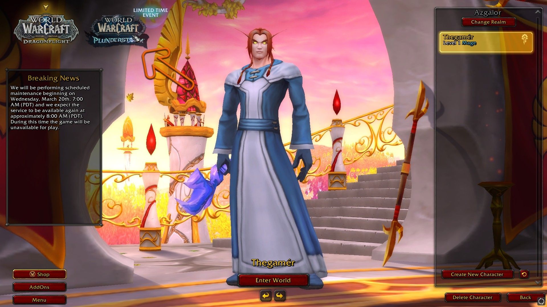 Pantalla de selección de personaje con el icono de Plunderstorm del evento de tiempo limitado mostrado