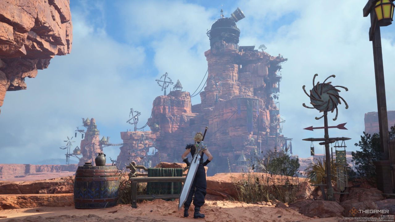 La ciudad de Cosmo Canyon vista desde la distancia en Final Fantasy 7 Rebirth.