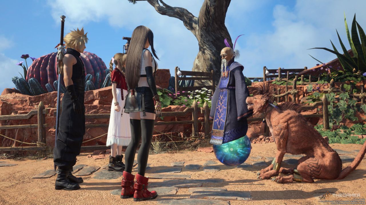 Cloud, Tifa y Aerith hablando con Bugenhagen fuera del Observatorio Cosmo en Final Fantasy 7 Rebirth.