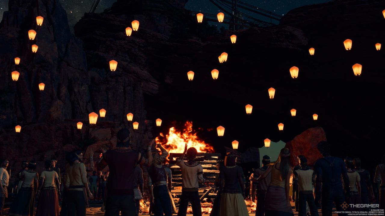 La gente de Cosmo Canyon soltando linternas para la ceremonia del Río de las Luces en Final Fantasy 7 Rebirth.