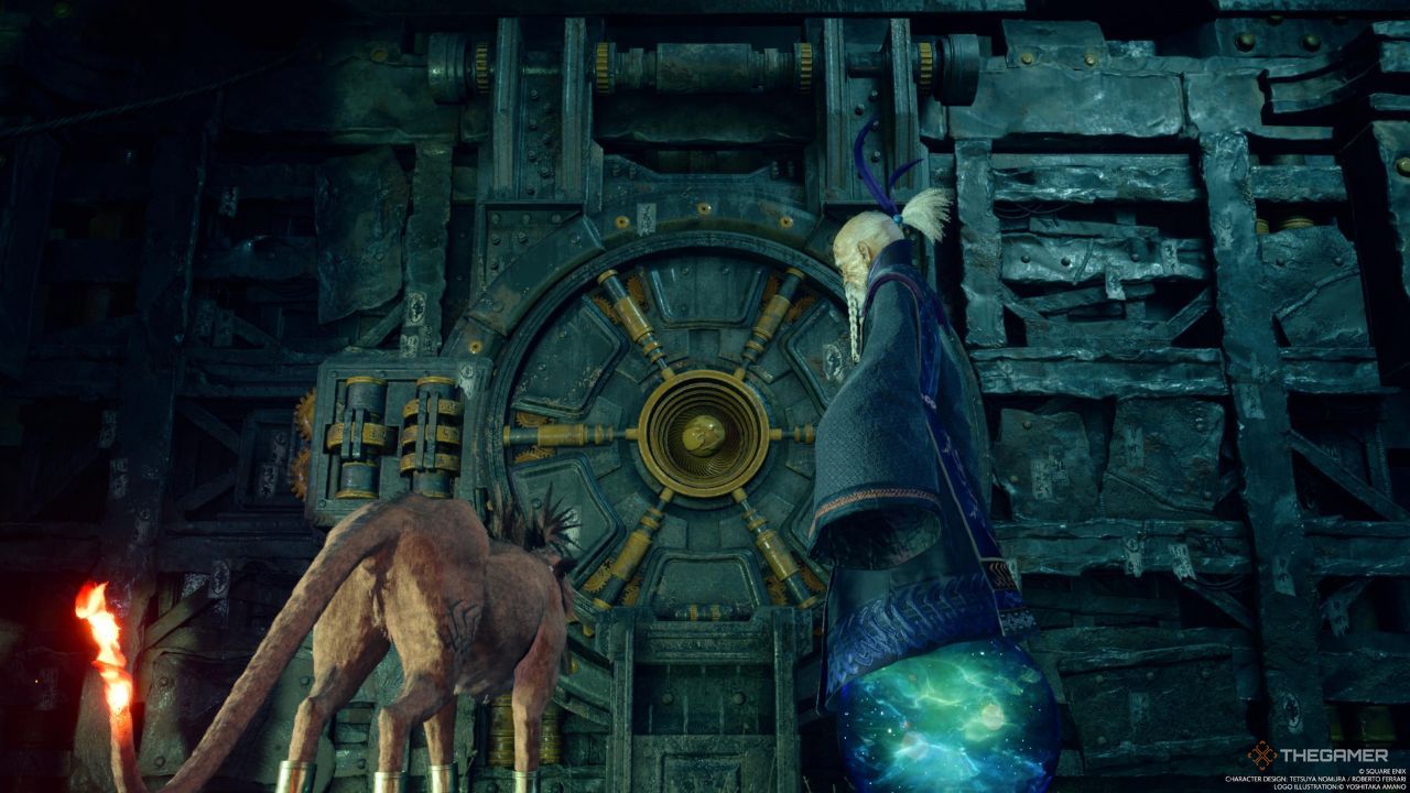 Red XIII y Bugenhagen parados frente a una puerta sellada en Cosmo Canyon en Final Fantasy 7 Rebirth.