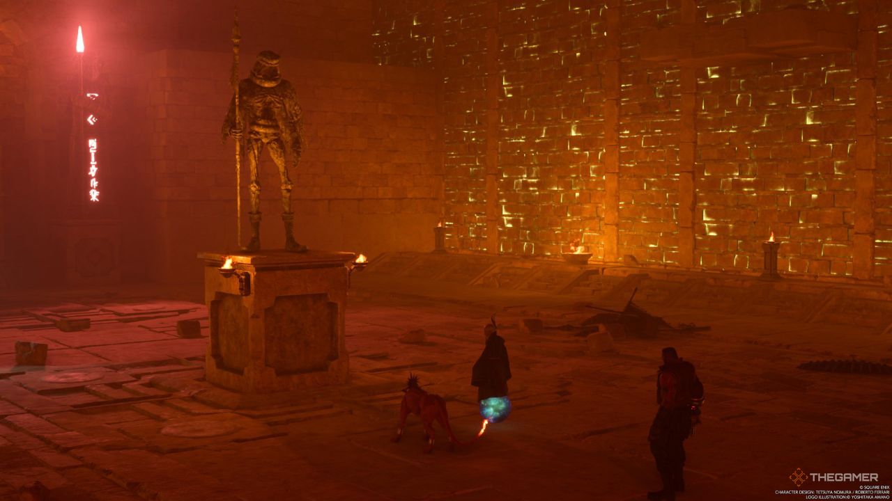 Red XIII, Bugenhagen y Barret de pie ante una estatua gigante de un Gi en Final Fantasy 7 Rebirth.