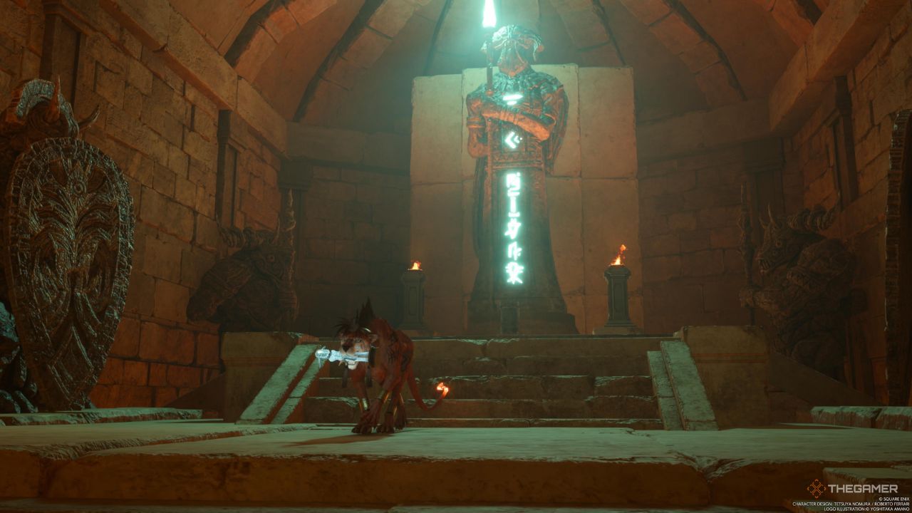 Un jugador que lleva el artefacto verde lejos de la estatua brillante en Final Fantasy 7 Rebirth.