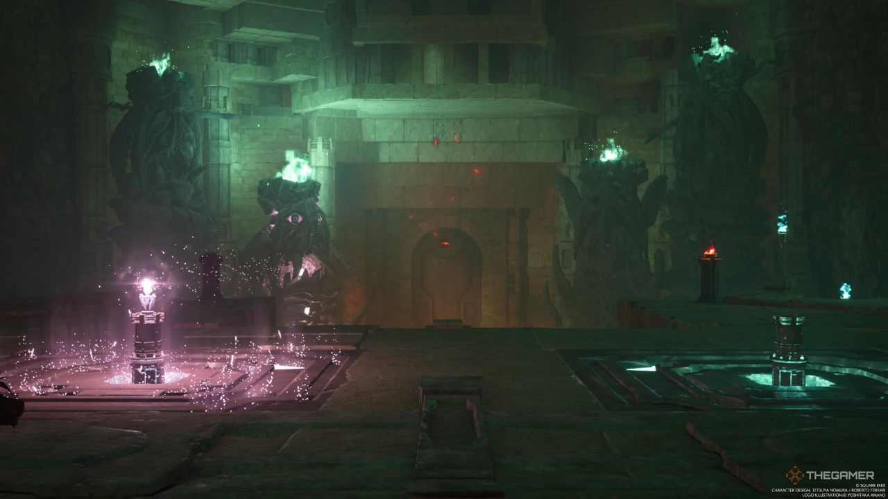El altar rosa y verde en la Cámara de Observancia en Final Fantasy 7 Rebirth.