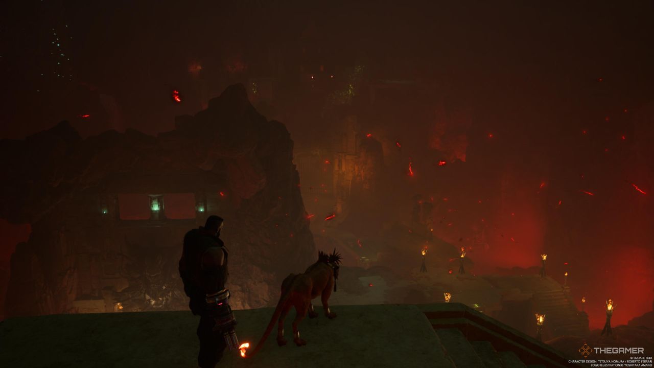 Red XIII y Barret parados en la escalera sobre la Cámara de Sacrificio en Final Fantasy 7 Rebirth.