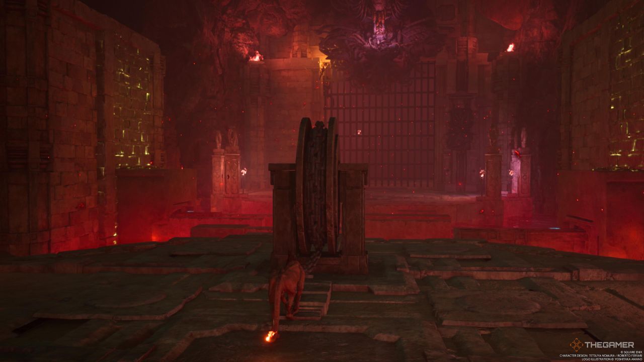 Un jugador tirando de la cadena frente a la tercera puerta en Final Fantasy 7 Rebirth.
