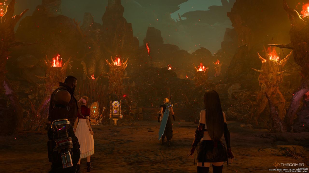 Cloud, Tifa, Aerith y Barret al pie de Gi Village en Final Fantasy 7 Rebirth.