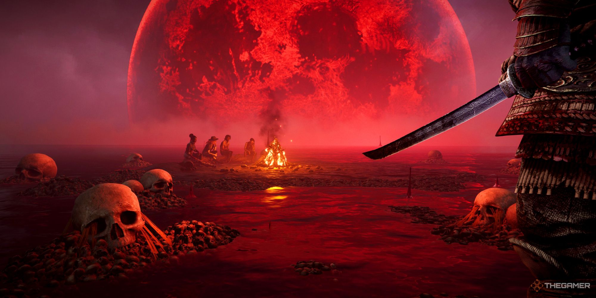 Animación del lobby para el evento Blood Moon, con una gran luna roja de fondo.