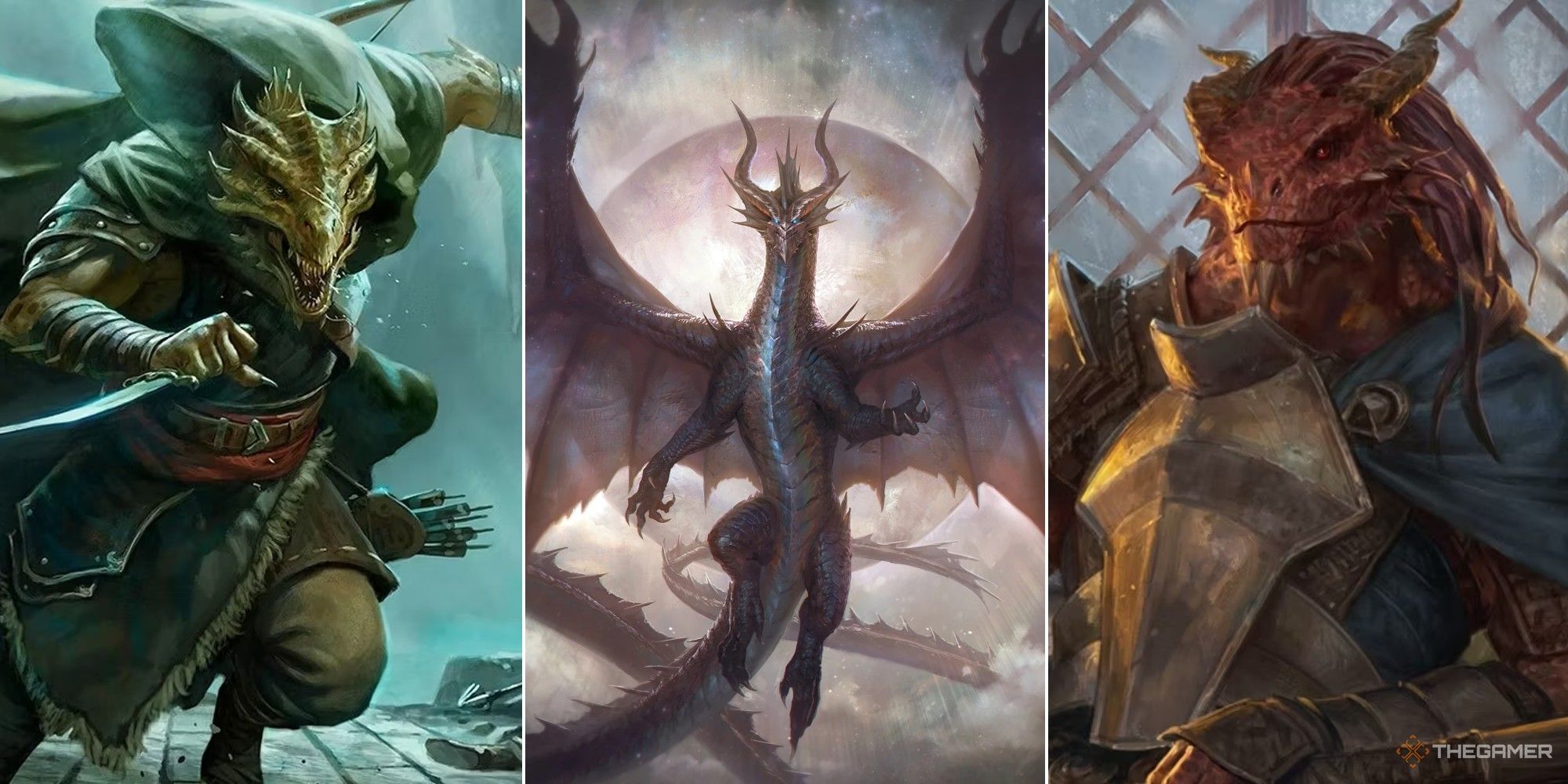 Collage de Dungeons & Dragons que muestra un Dragonborn pícaro, Io el dios dragón y un guerrero Dragonborn