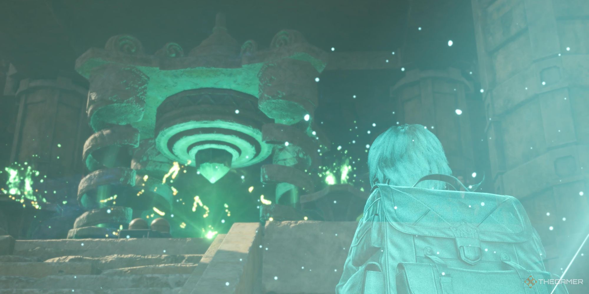Proyección de Chadley mirando una de las fuentes planetarias en Final Fantasy 7 Rebirth.