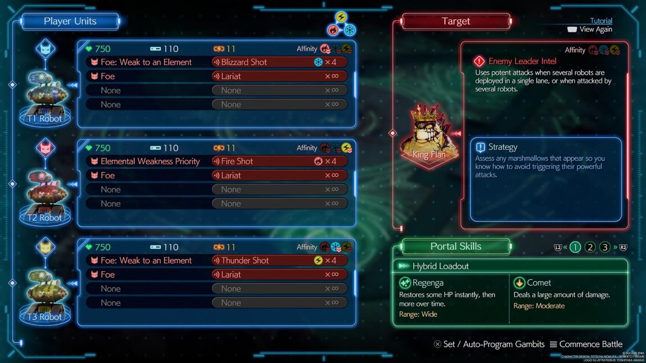 El menú Gears and Gambits que muestra todas las unidades de robot, el objetivo y las habilidades de portal actuales en Final Fantasy 7 Rebirth.