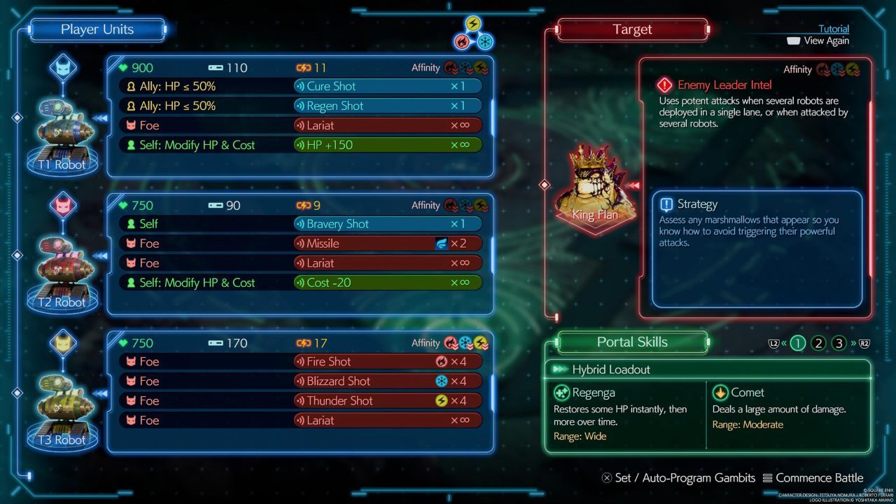 El menú Gears and Gambits que muestra robots programados con un conjunto de Gambits y Acciones de Final Fantasy 7 Rebirth.