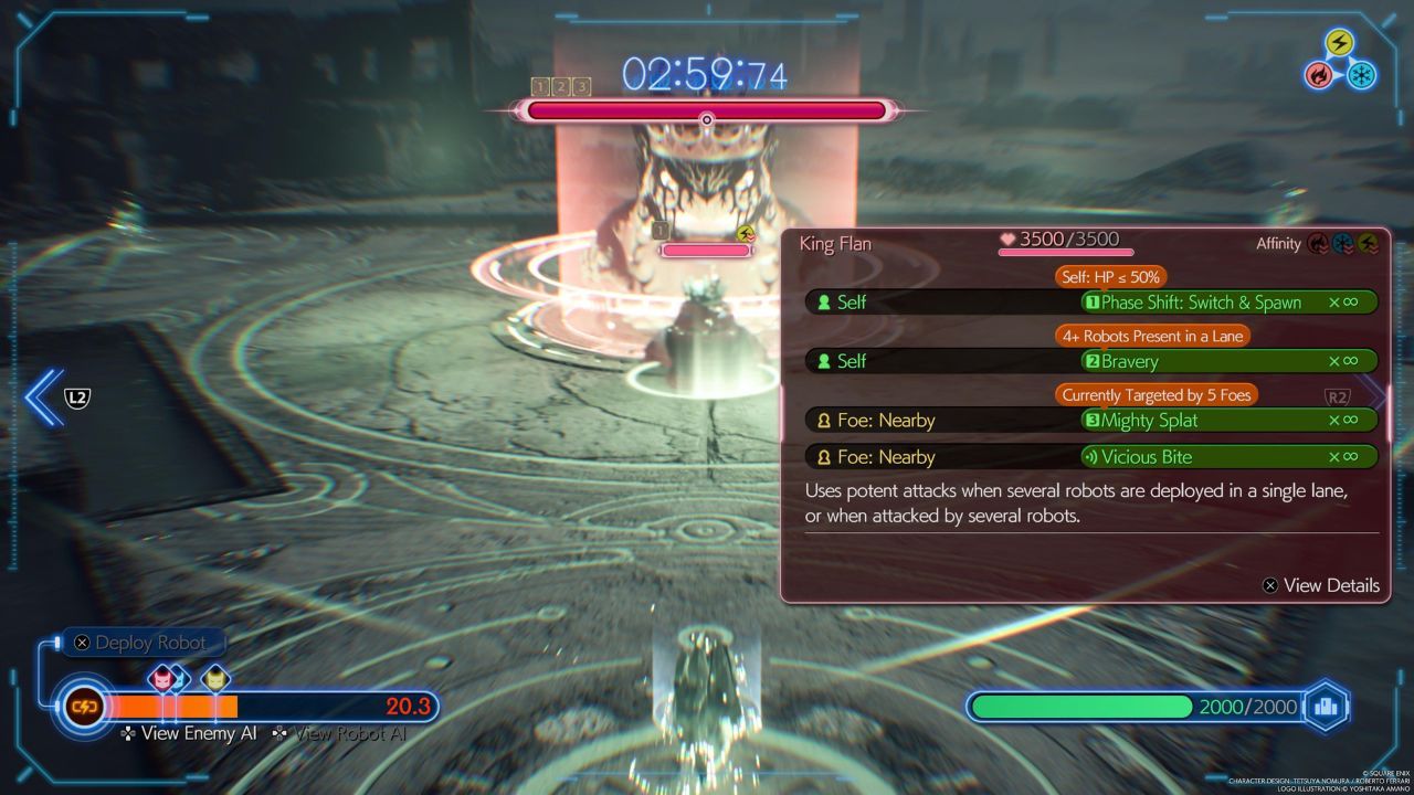 El menú Evaluar que revela todos los Gambitos y Acciones de un enemigo en Final Fantasy 7 Rebirth.