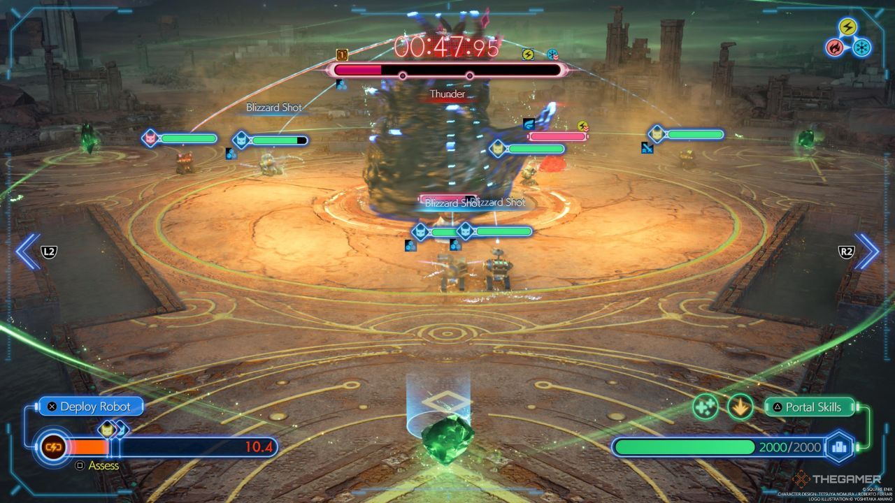 Robots atacando al jefe y enemigos en otros carriles en Gears and Gambits en Final Fantasy 7 Rebirth 