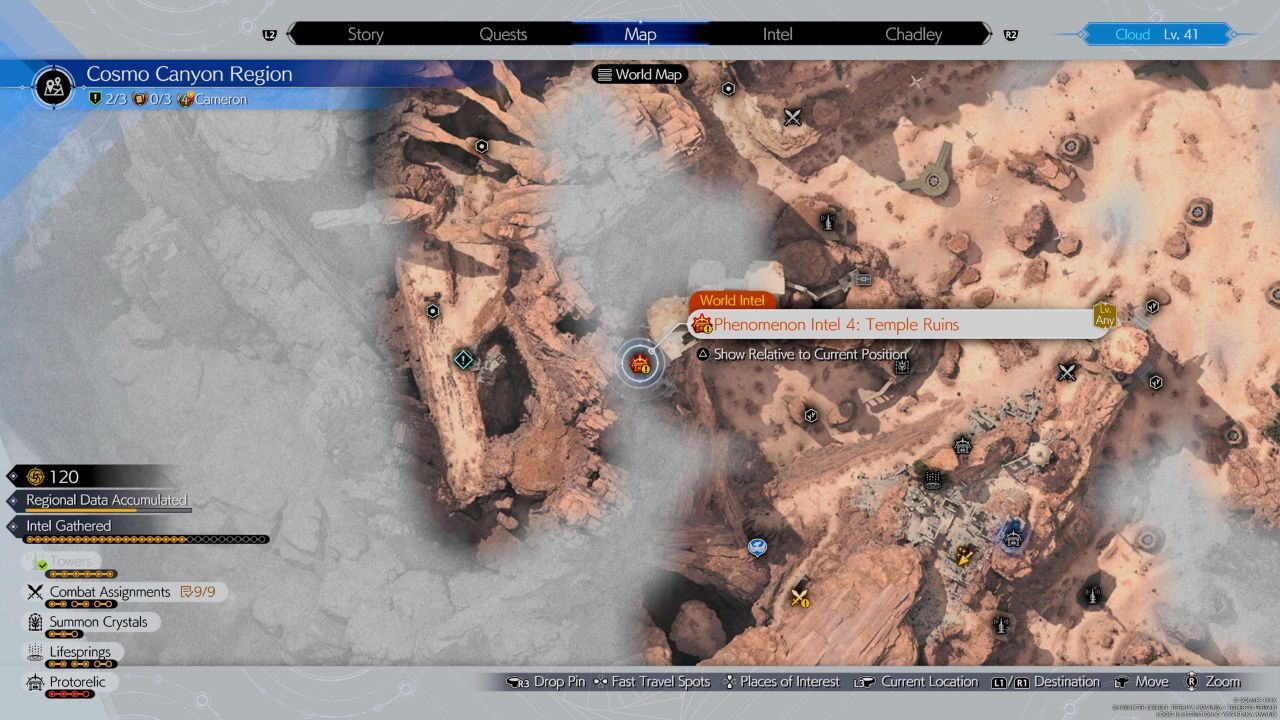 La cuarta ubicación de Phenomenon Intel en la parte este de la región de Cosmo Canyon en Final Fantasy 7 Rebirth.