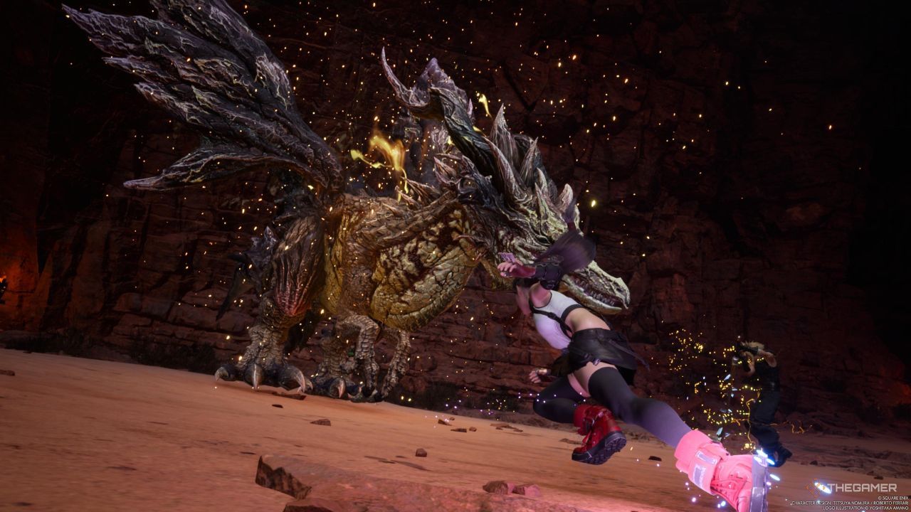 Tifa preparándose para usar su límite de salto mortal en Jabberwock en Final Fantasy 7 Rebirth.