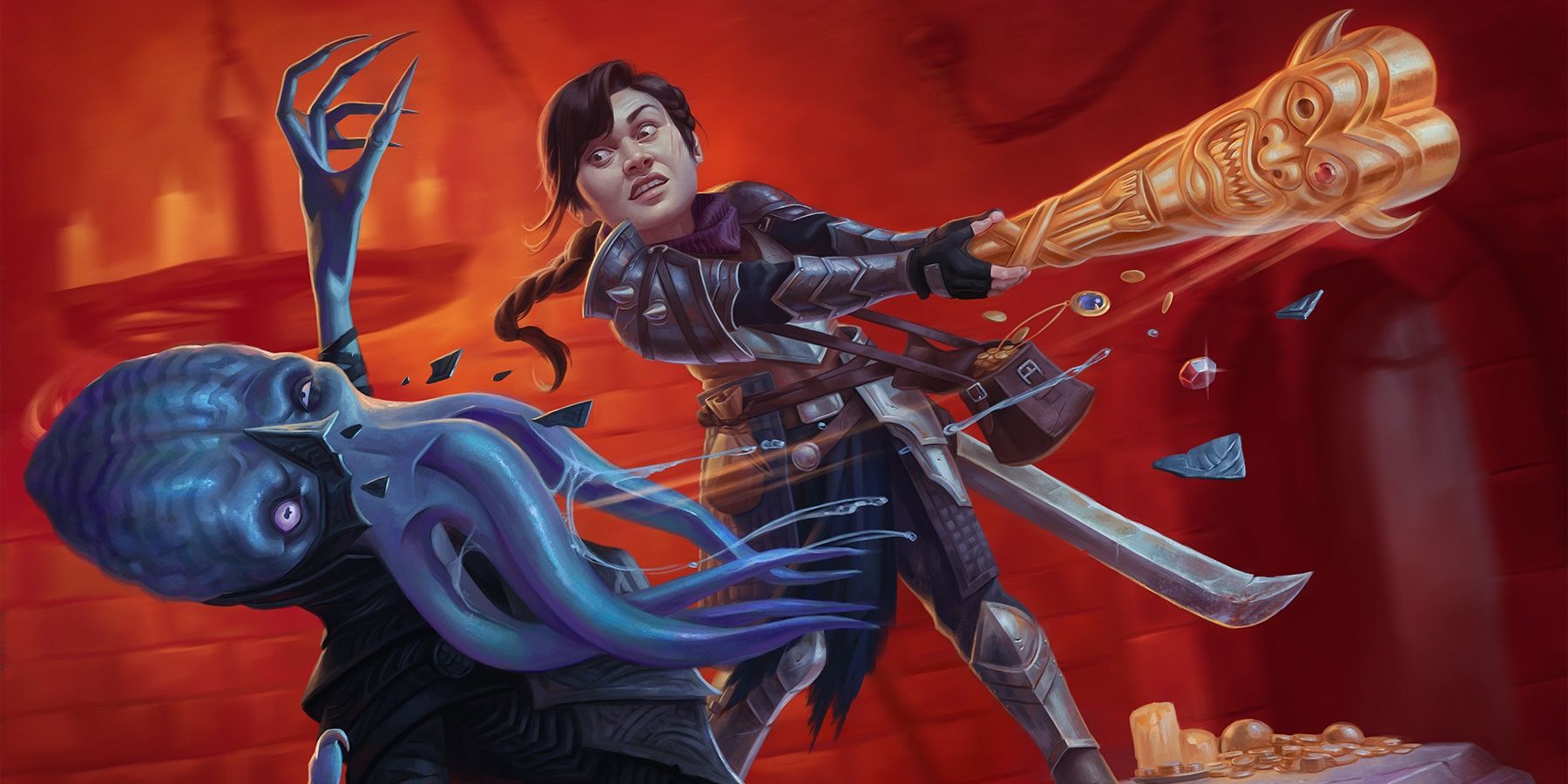 Calabozos y dragones: en Armamento improvisado de Alix Branwyn, un aventurero golpea a un desollador de mentes con un tesoro