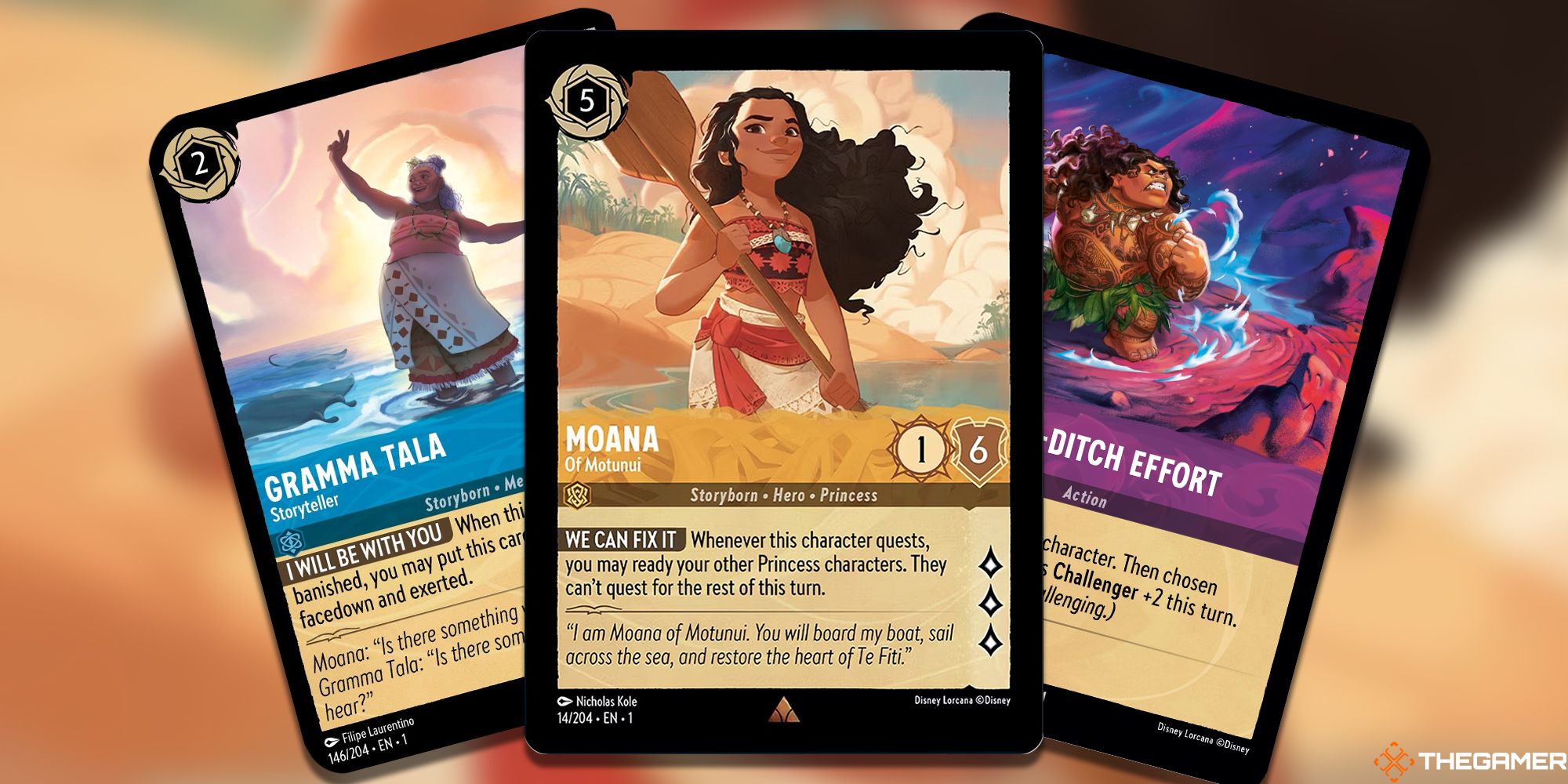 Tarjetas de Gramma Tala, Story Teller, Moana, Of Motunui y Last Ditch Effort Lorcana sobre un fondo borroso