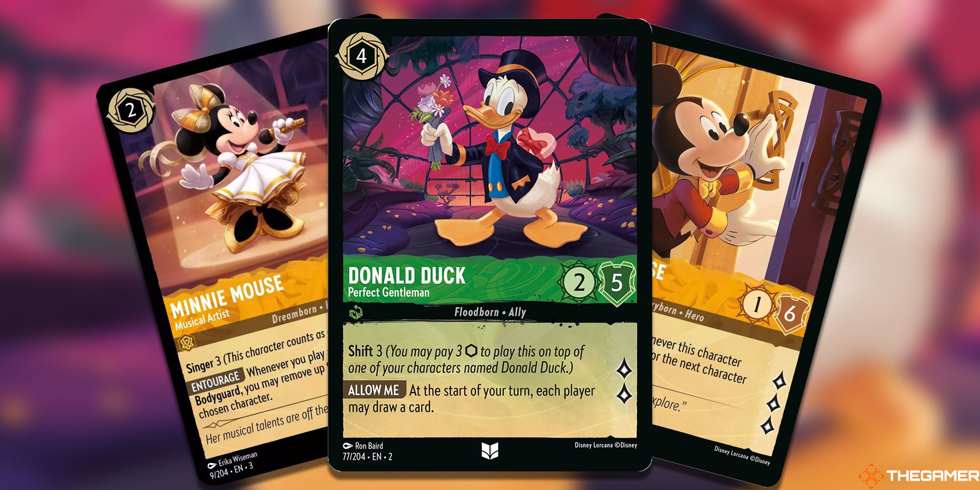 de izquierda a derecha, artista musical de minnie mouse, el pato donald perfecto caballero y tarjetas lorcana con cara amigable de mickey mouse