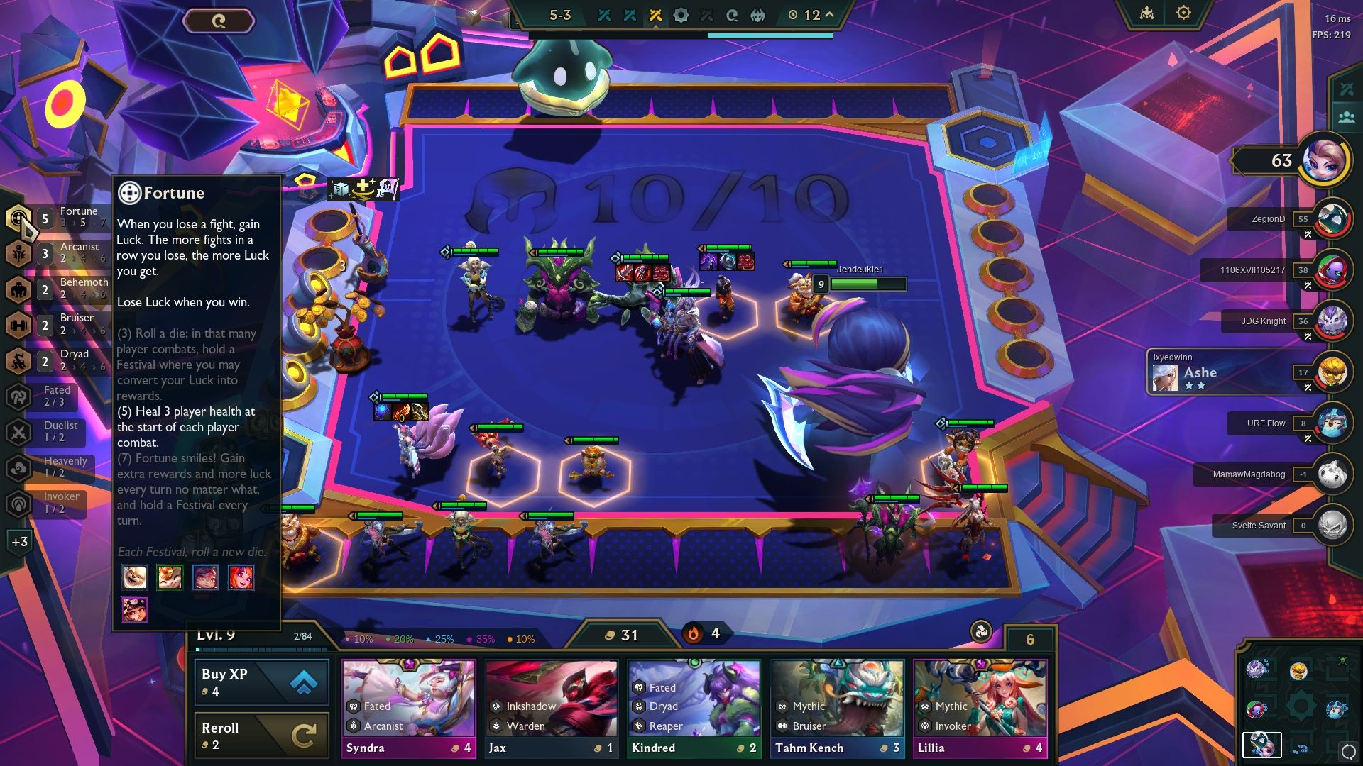 La información sobre herramientas de Fortune Five se muestra en el lado izquierdo en Teamfight Tactics