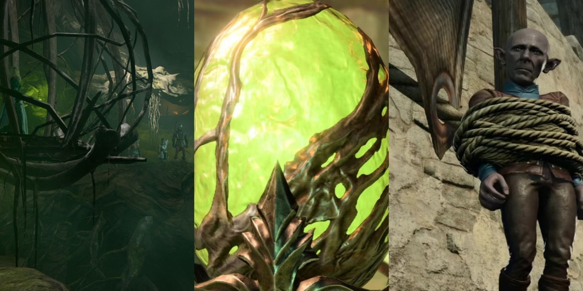 Collage de tres imágenes de Mayrina en una jaula en la guarida de la bruja, un huevo de Githyanki y Barcus Wroot atado al molino de viento.