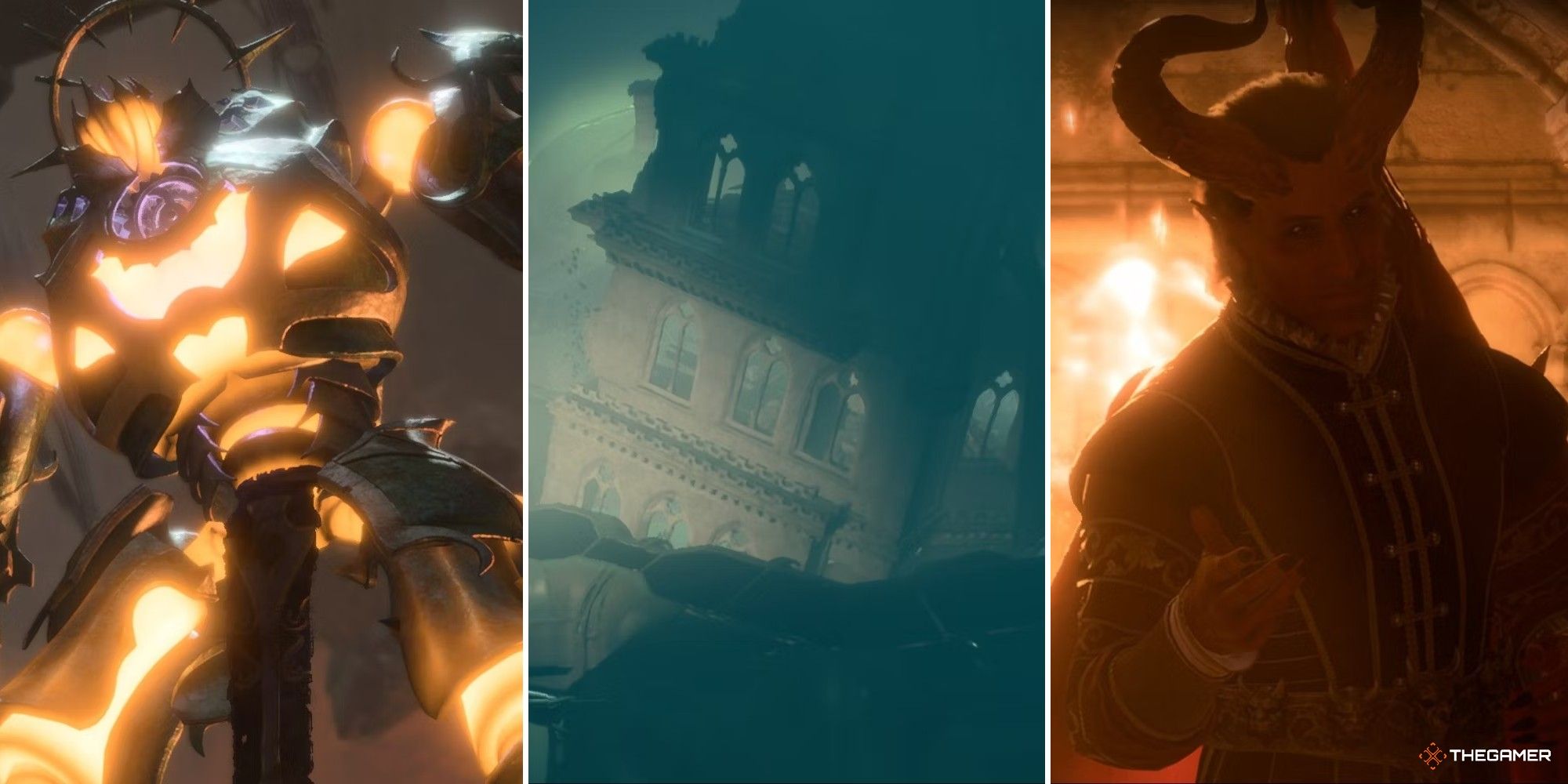 Collage de Baldur's Gate 3 que muestra Gyrm, el Trono de Hierro y Rafael