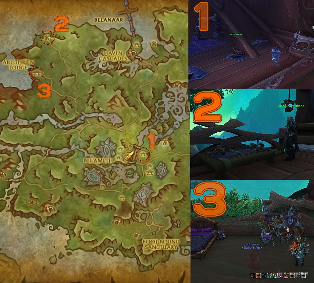 Tres ubicaciones rodeadas y marcadas en el mapa de Amirdrassil, con las ubicaciones más profundas a la derecha en World of Warcraft.