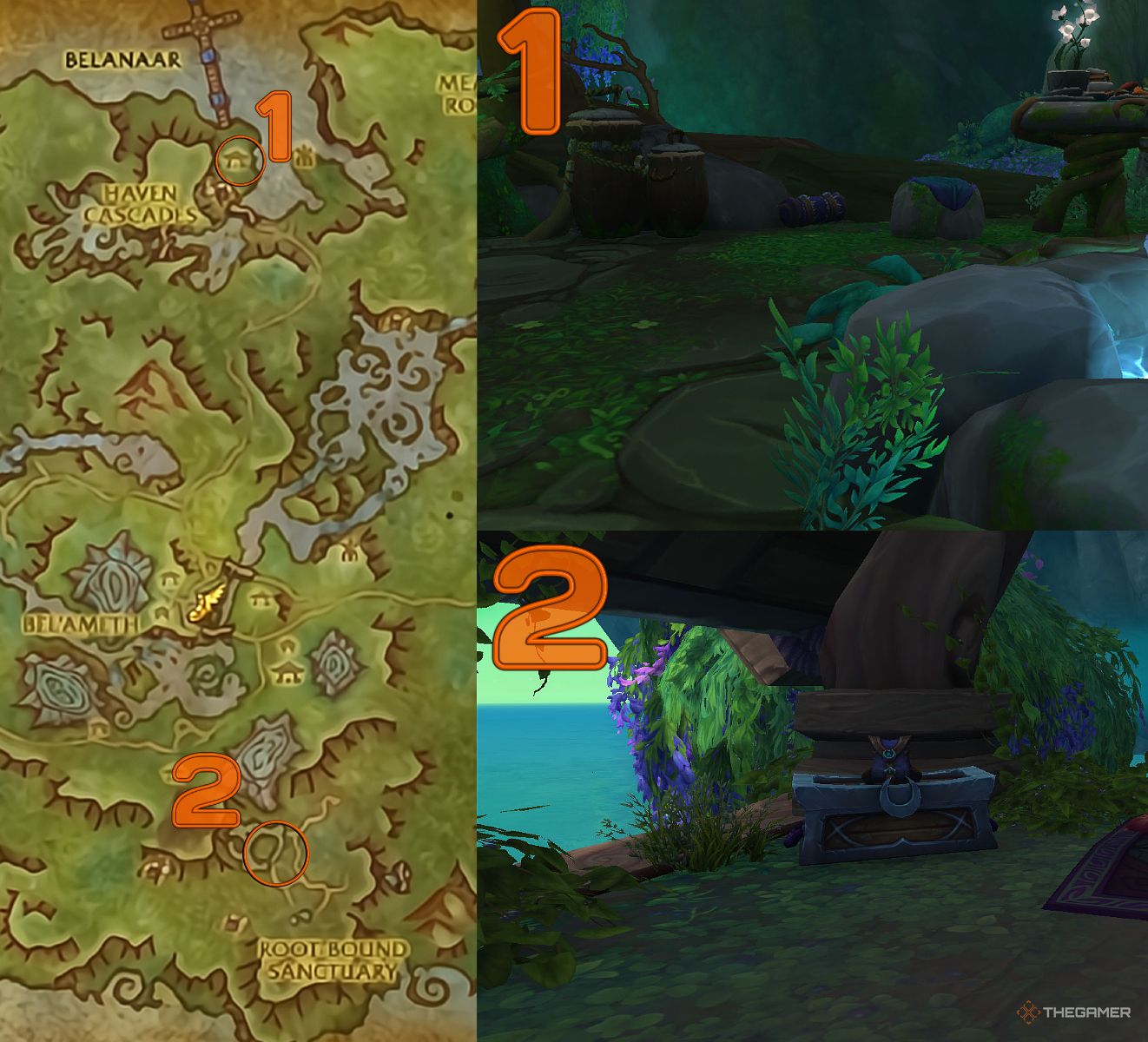 Los dos Kaldorei vuelven a aparecer en el mapa (izquierda) y en persona (derecha) en World of Warcraft.